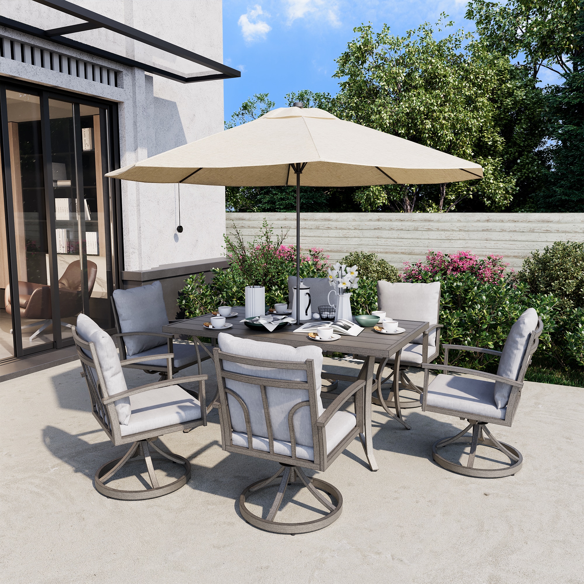 Modique 7-Piece Gray Aluminum Swivel Patio Dining Set with Cushions