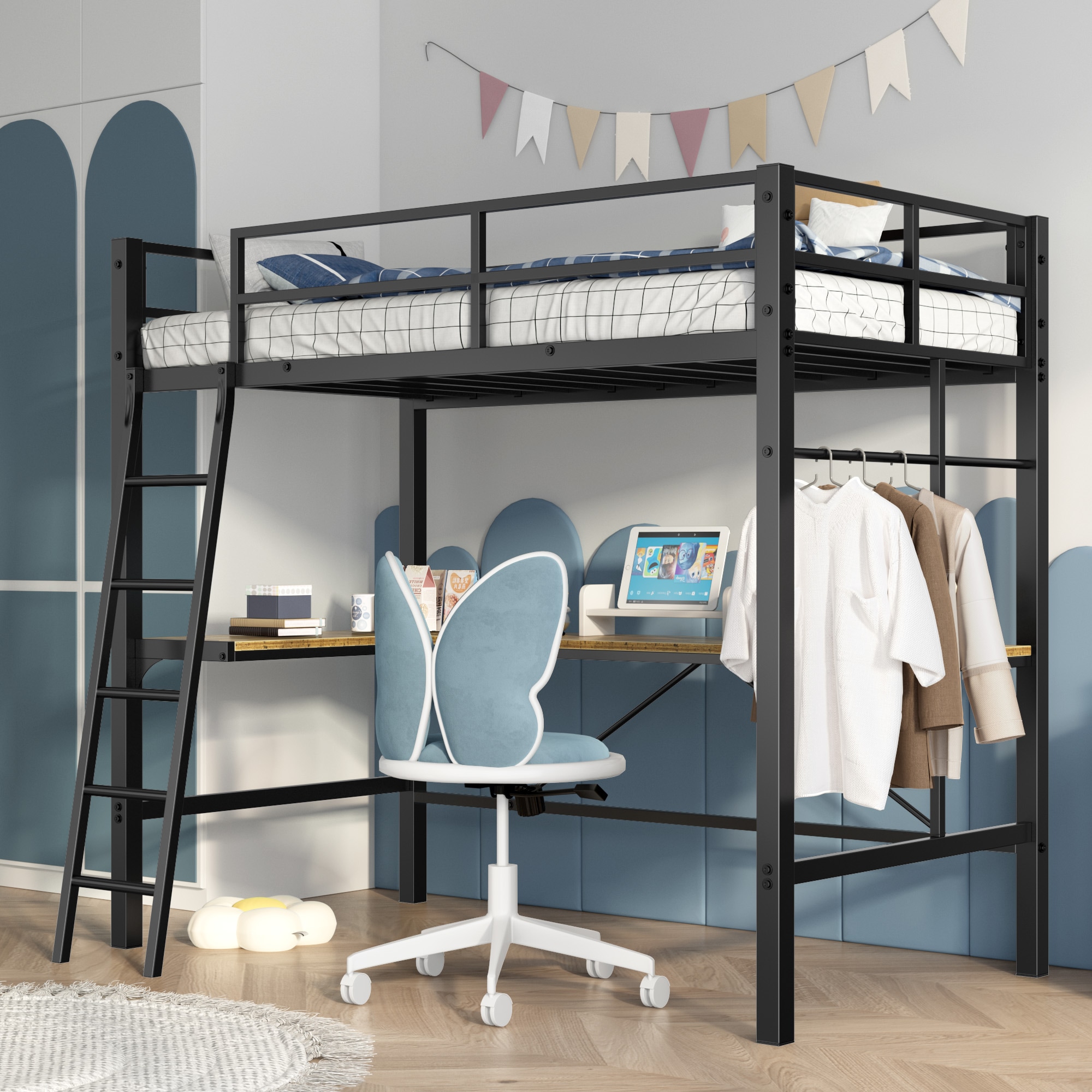 LOVMOR Twin Metal Loft Bed with L Shaped Desk Charging Station Loft Bed Frame Twin Size Safety Guard and Ladder No Box Spring Needed Black