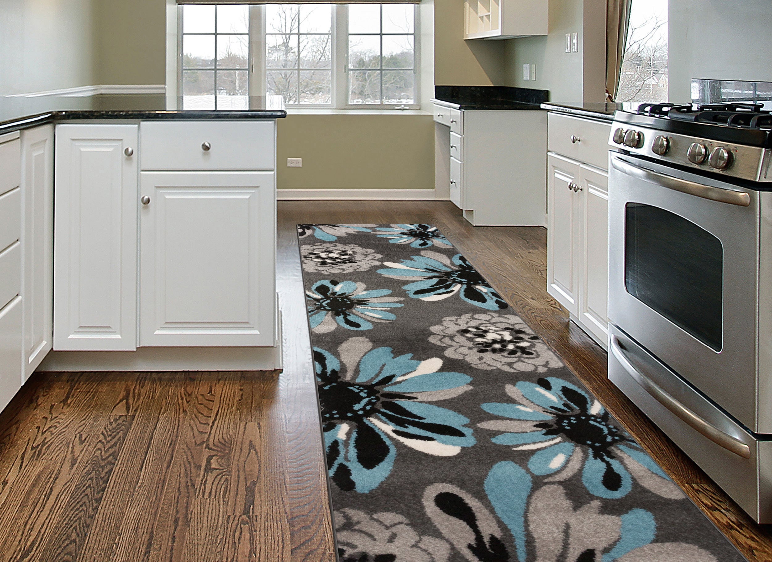 Blue and Gray Floral Synthetic Runner Rug 2' x 10'