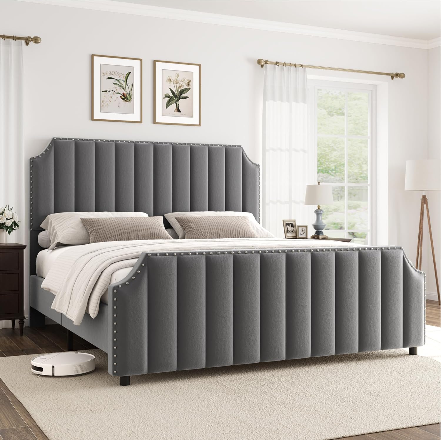 Qeetex LHF-BED-PHO-14Z03R4X Queen Size Platform Bed Frame with 50inch Headboard Velvet Upholstered Bed Frame Queen with Vertical Channel Tufted Headboard and Footboard Nailhead Trim No Box Spring Needed Grey