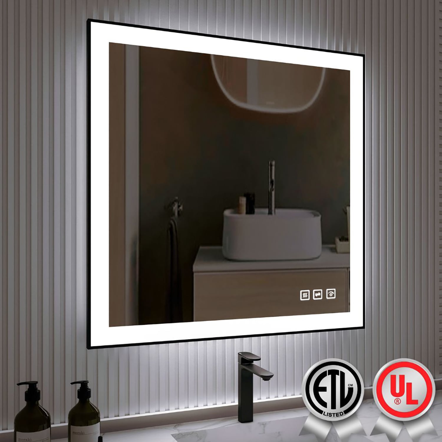 waterpar WPLO-2041 Backlit+Frontlit Aluminum 36-Inches x 36-Inches Framed Rectangle Dimmable Lighted Fog Free Bathroom Vanity Mirror ( Black )
