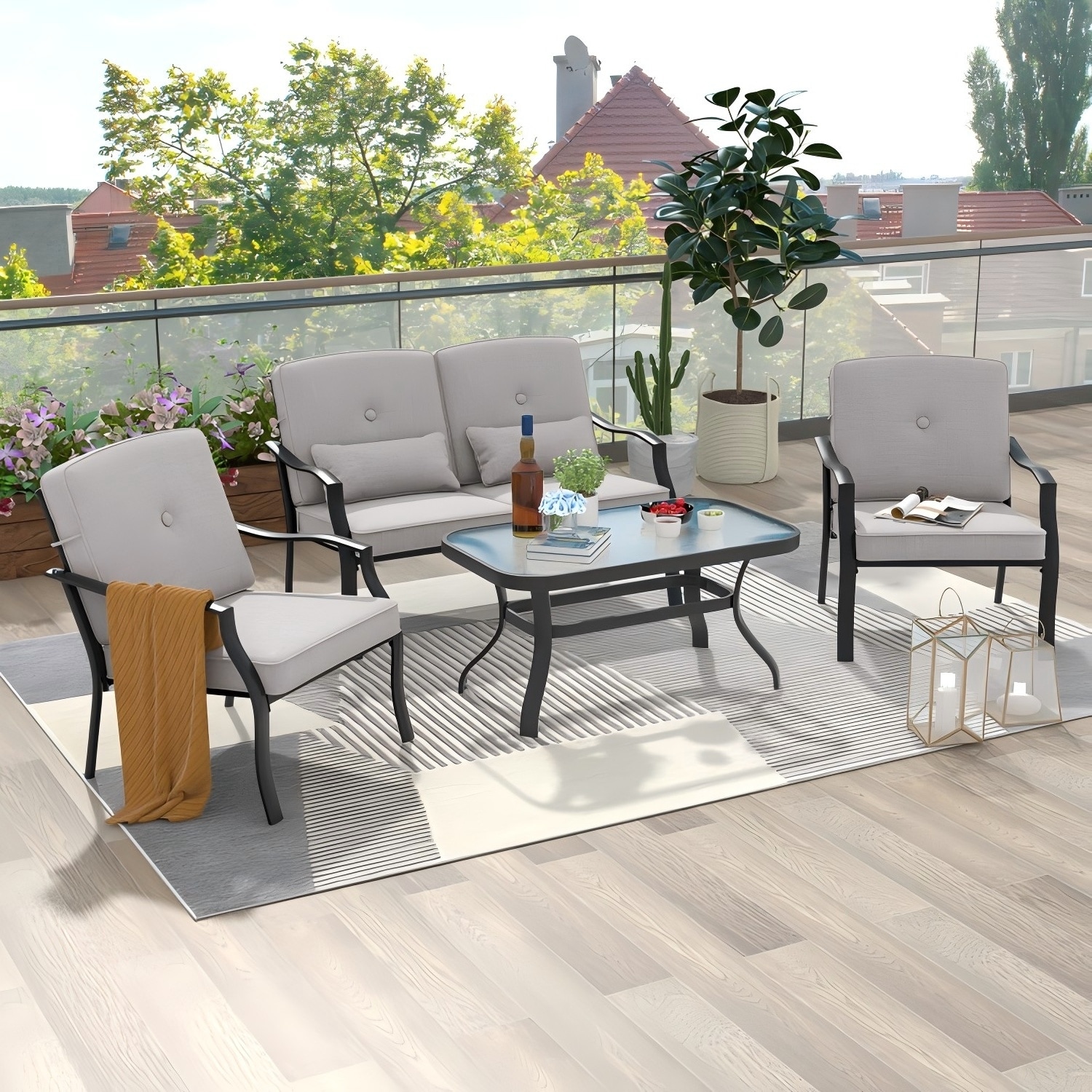 Forclover HBV-926GR 4 -Piece Patio Conversation Set with Gray Cushions