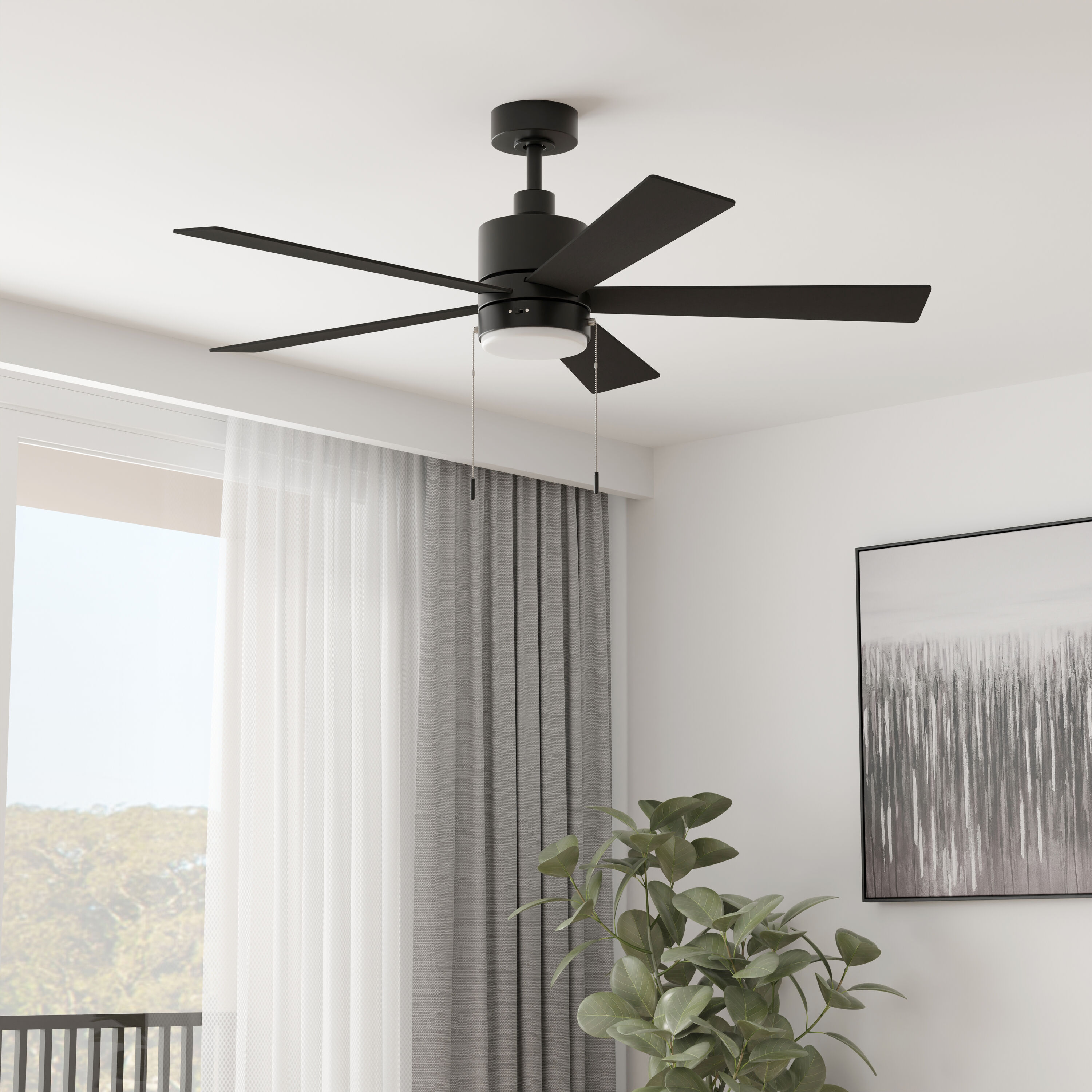 Harbor Breeze FRS52MBK5LE Frisco 52-in Integrated LED Downrod or Flush Mount Matte Black with Matte Blades Ceiling Fan With Light 5 -Blade )
