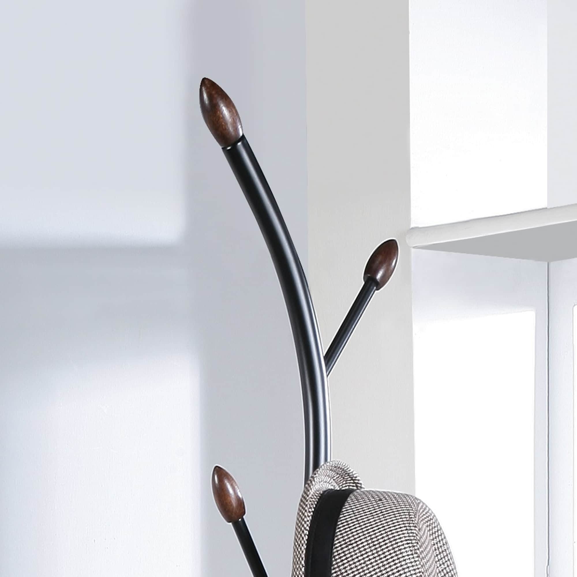 Black Metal Freestanding Coat Rack with Walnut-Tipped Hooks