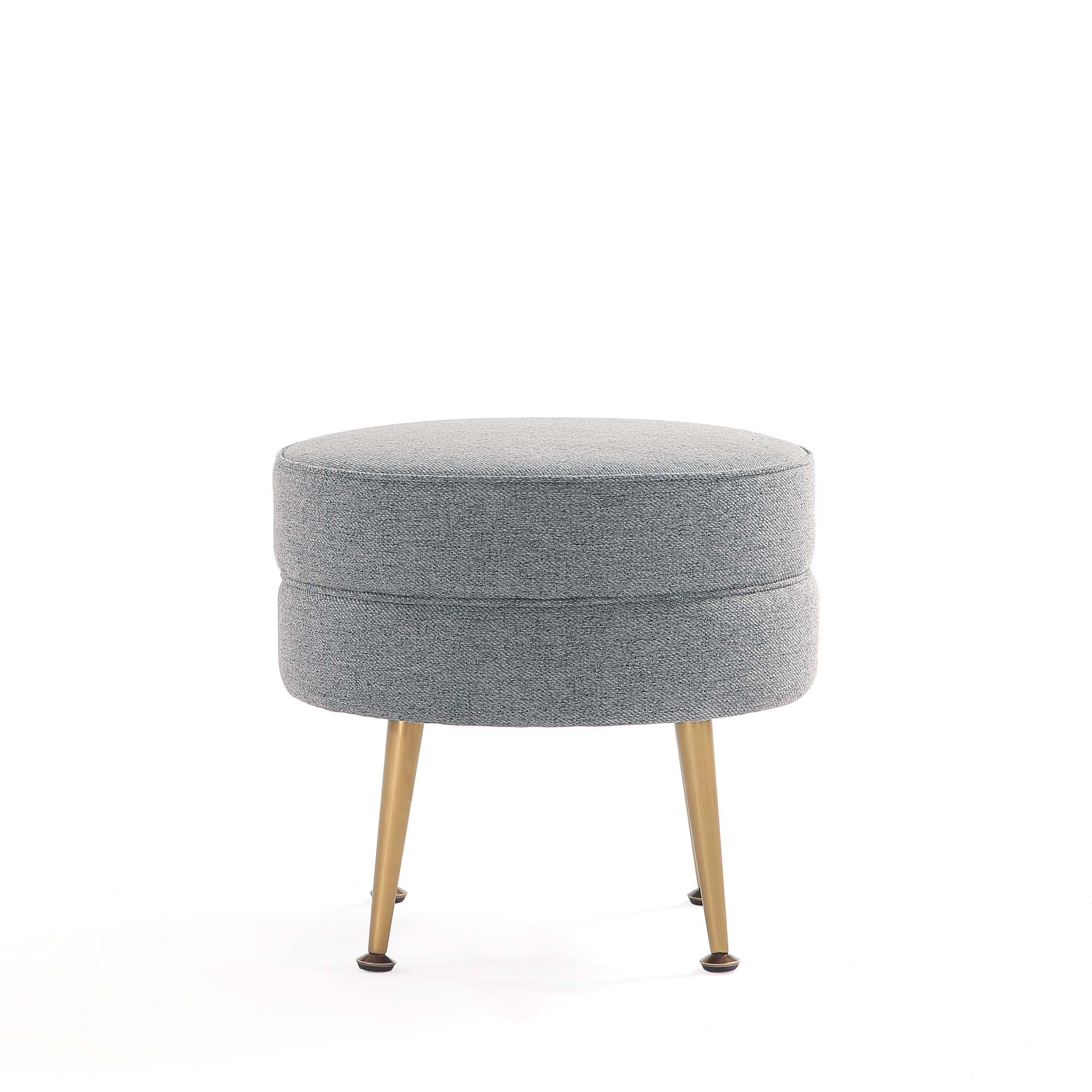 Bailey Round Gray Upholstered Ottoman with Gold Legs