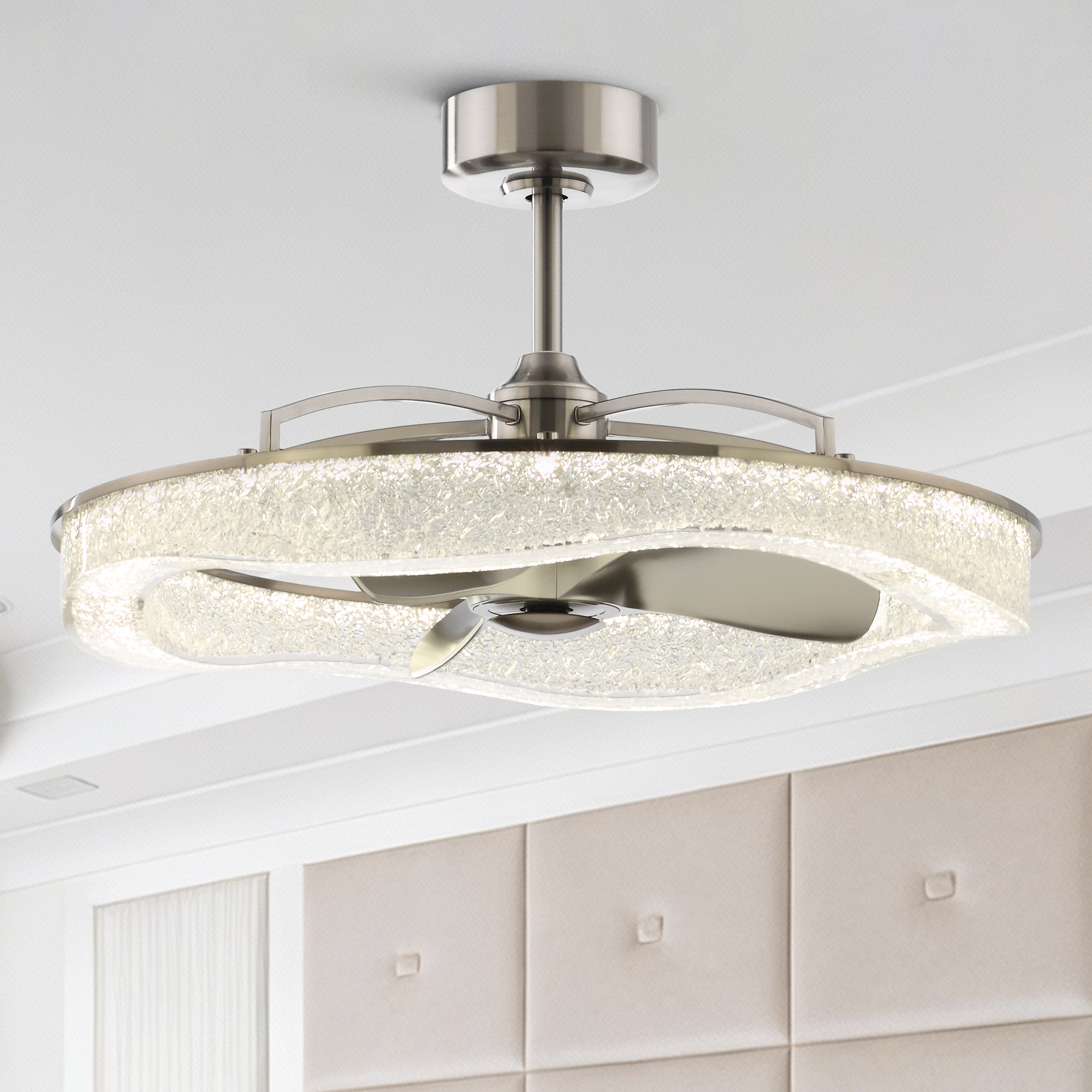 Perimost 33-in Stain Nickel with Electroplated silver Blades Adjustable White LED Fandelier Ceiling Fan With Light and Remote Control Included 3 -Blade