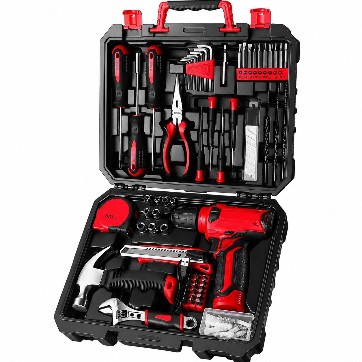 Aoibox  8V Red cord free Drill Set 126 Piece Home Tool Kit with Hand Tools for DIY and Maintenance
