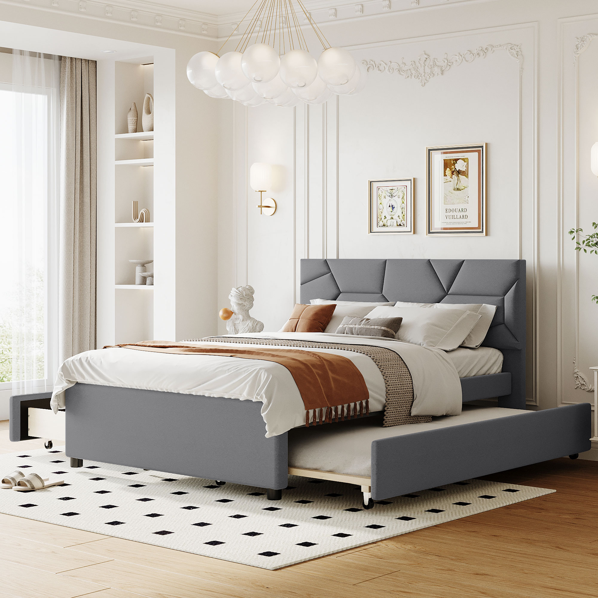 ModernLuxe L3P-SF000233AAE Full Size Upholstered Platform Bed with Brick Pattern Headboard with Twin Size Trundle and 2 Drawers Linen Fabric Gray