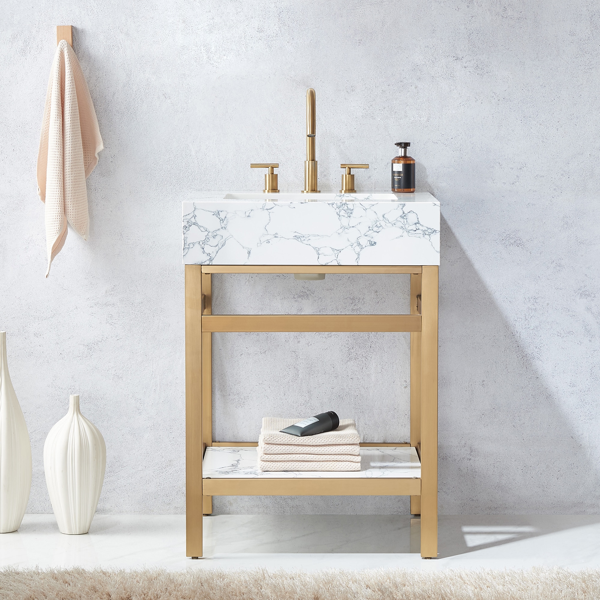 Vinnova 702724-BG-PH-NM Ecija 24-in Brushed Gold Stainless Steel Bracket Undermount Single Sink Bathroom Vanity with Pandora White Engineered Stone Top