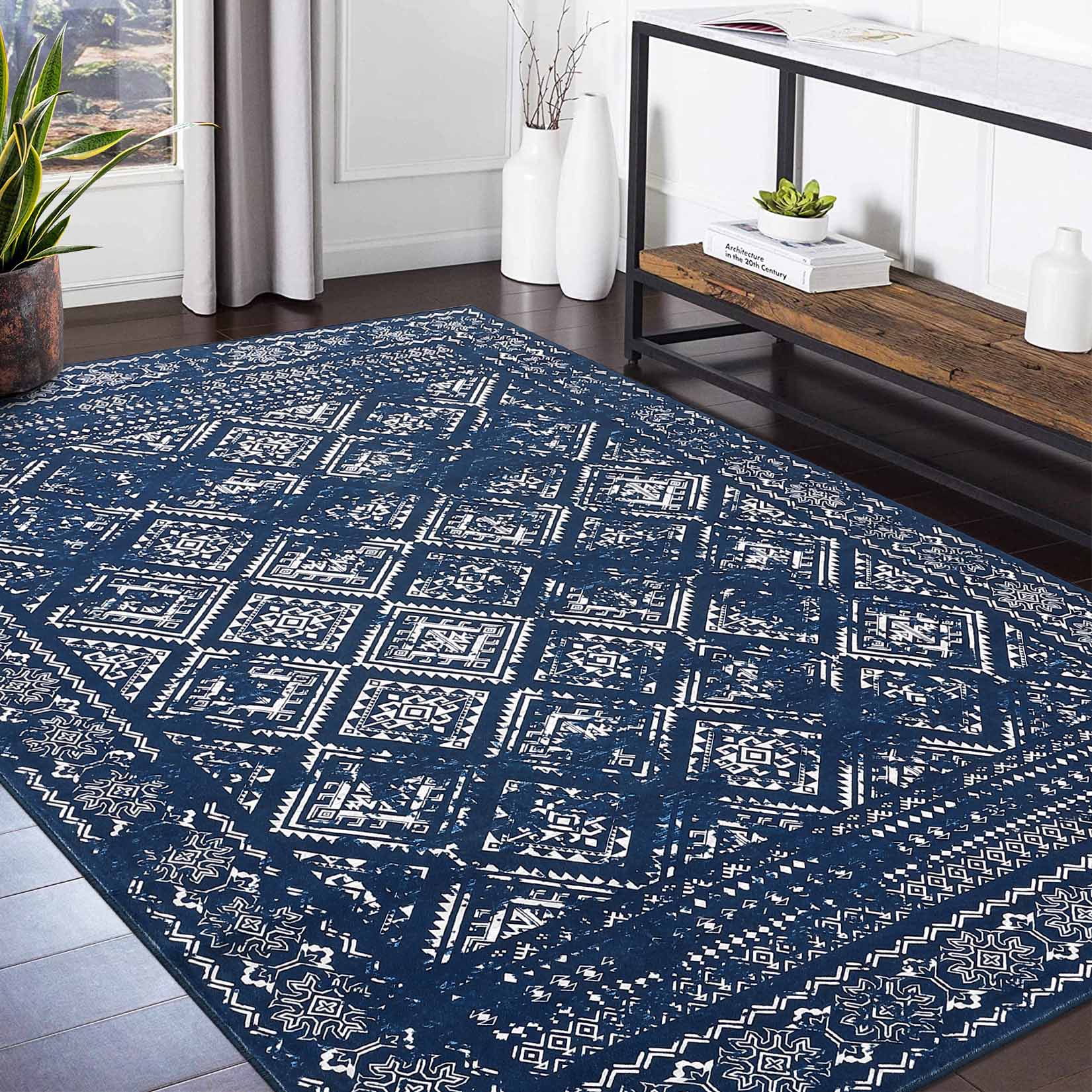 Garvee YXY-LO-PHO-14JI0URA 5 x 7 (ft) Loomed Navy Rectangular Indoor Geometric Moroccan Machine washable Area rug