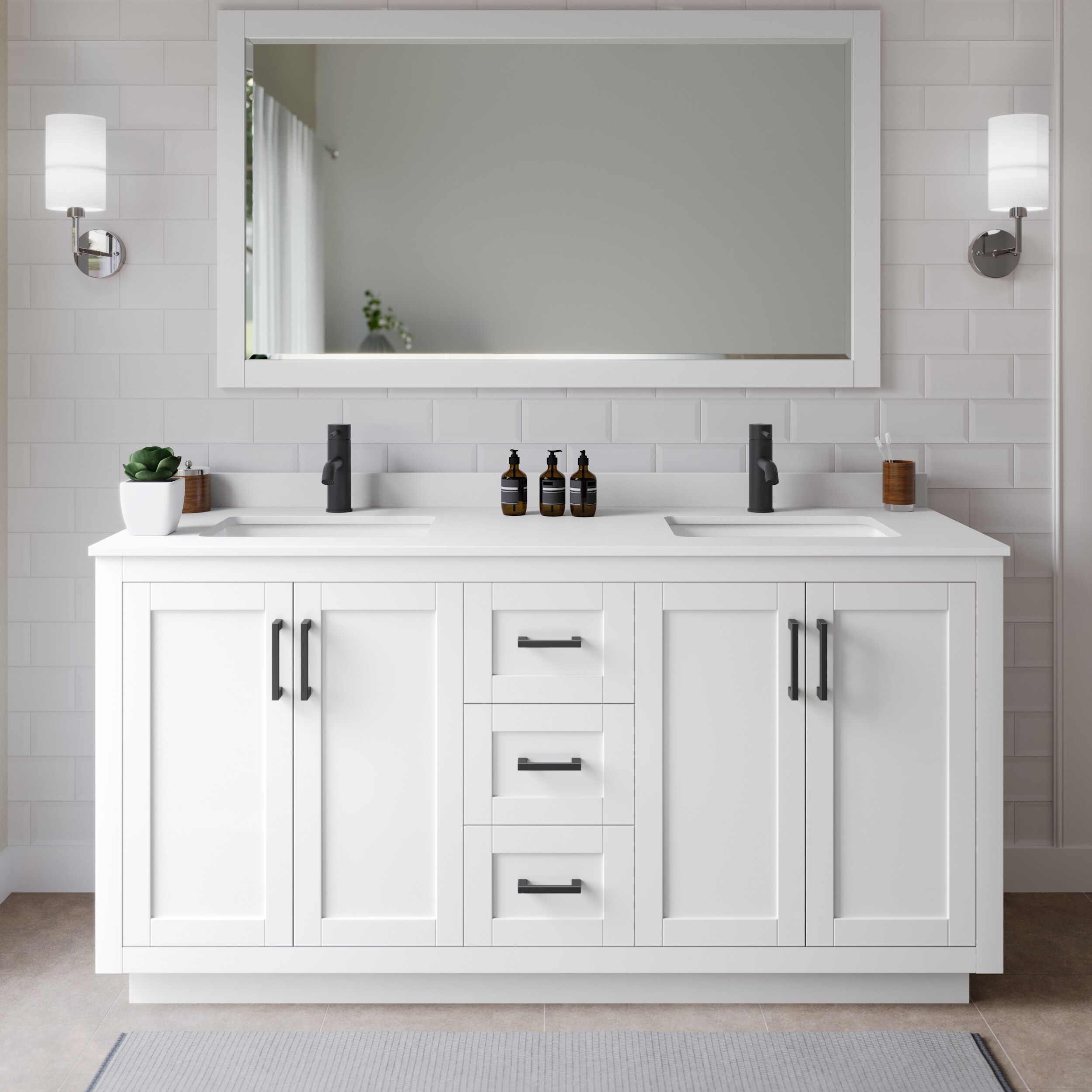 Wyndham Collection WCF292966DWBWCUNSMXX Miranda 66-in White with Matte Black Trim Undermount Double sink Bathroom Vanity with White Cultured Marble Cultured marble Top