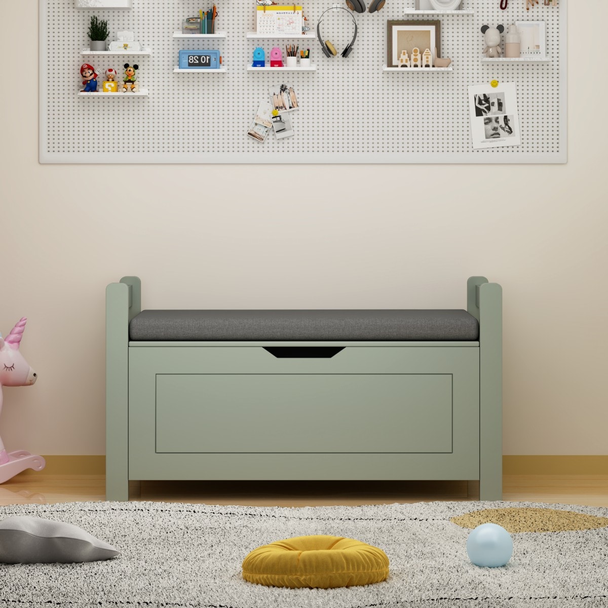 GlasFlength  35 Inch Toy Box Toy Storage Bench Large Toy Chest with Padded Cushion Seat Flip Top Lid and Safety Hinge for Nursery Playroom Bedroom Green