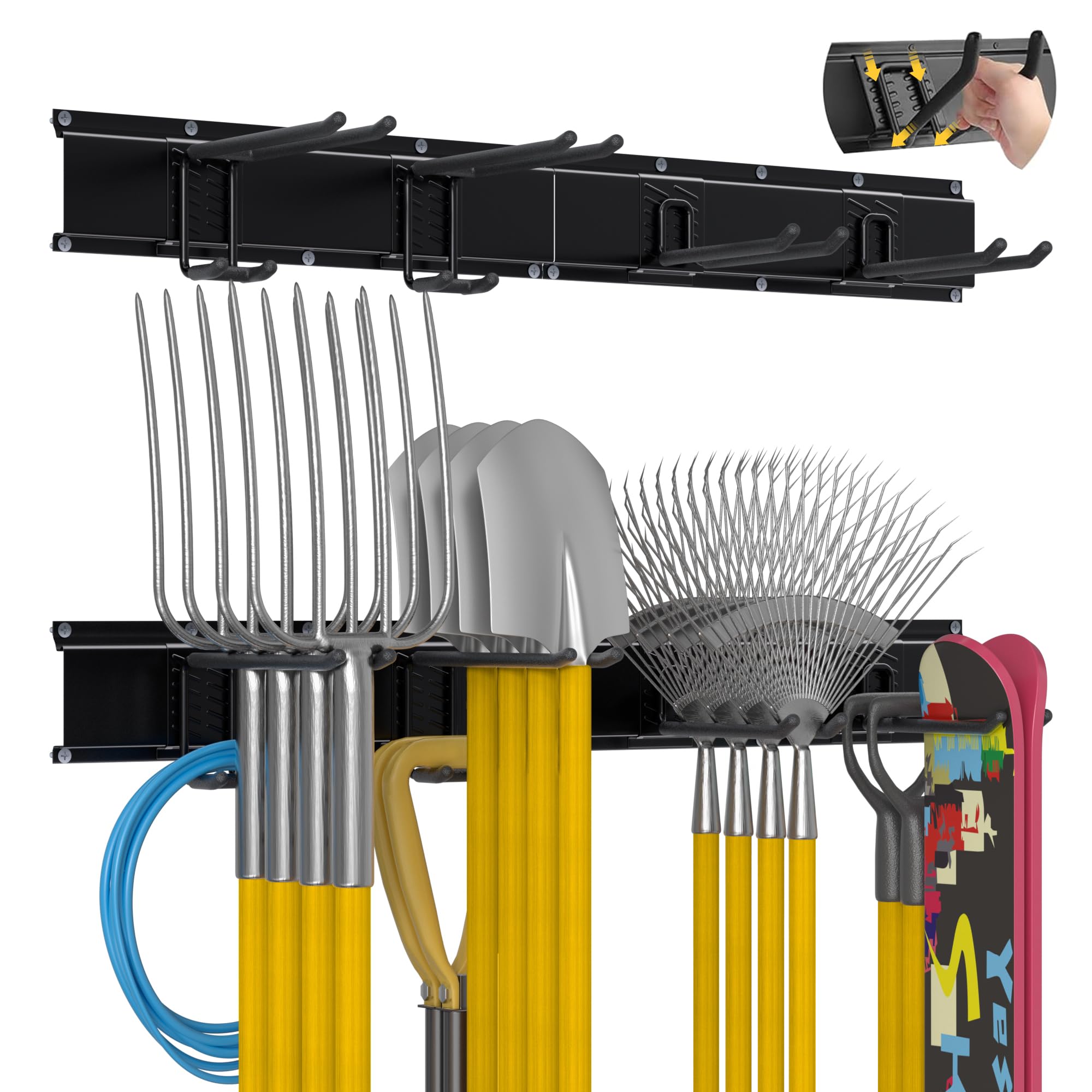AKSCYZM  Garage Tool Organizer Wall Mount 32 Inch Rails Adjustable Heavy Duty Hooks Holds 300 lbs Storage Rack for Garden Yard Shed Workshop