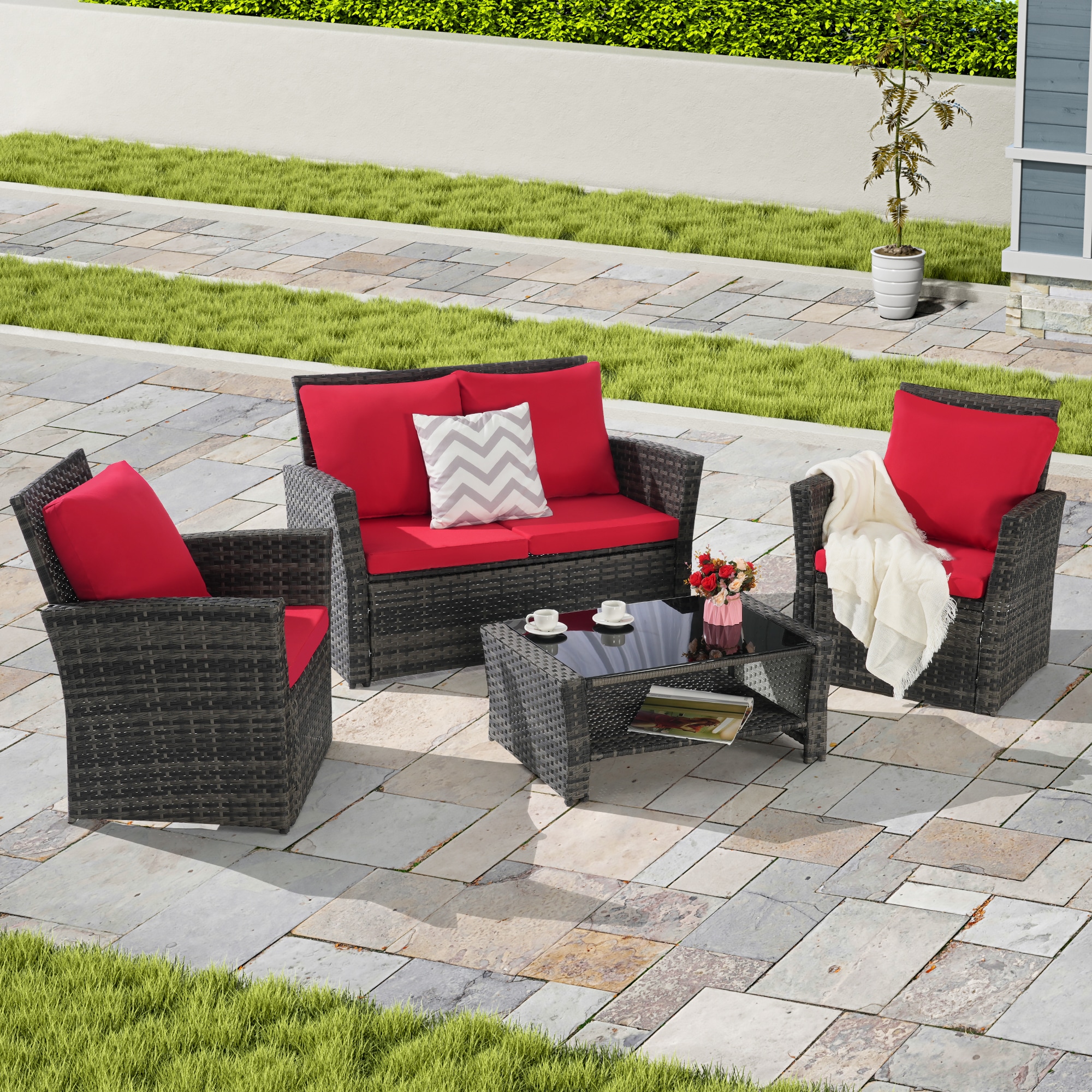Forclover MONLDS11LG 4 -Piece Wicker Patio Conversation Set with Red Cushions