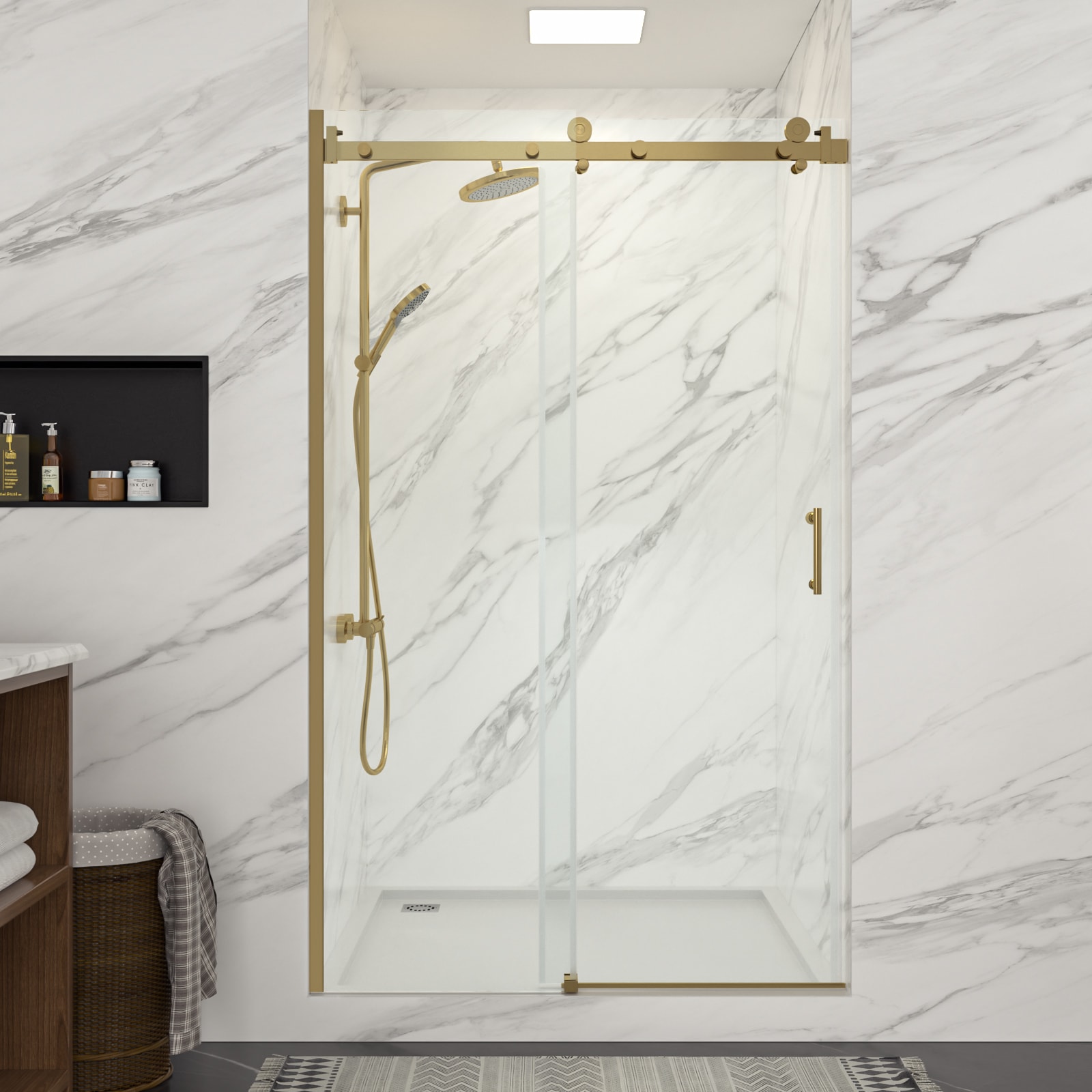 Lordear HWM-LD-3B31-1-34SS Modern Style Reversible Shower Door Gold 48-in W x 76-in H Frameless Clear Glass Sliding Soft Close Shower door