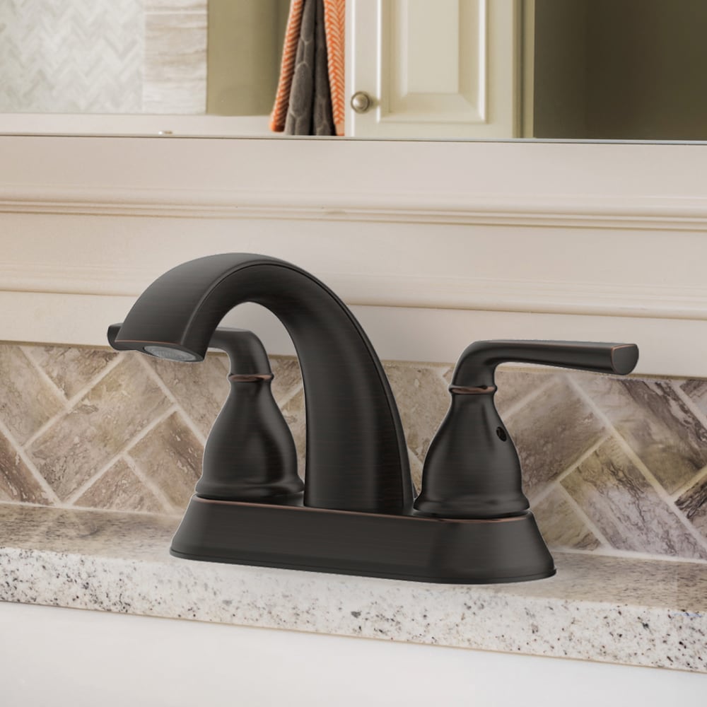 allen + roth 67123W-622707 Reagan Oil rubbed bronze 4-in centerset 2-handle WaterSense High-arc Residential Handle Bathroom Sink Faucet with Drain with Deck Plate