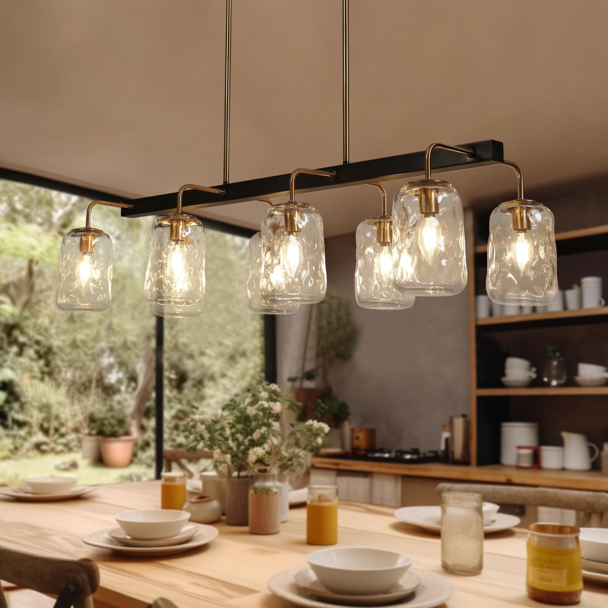 LNC LAVFVVY90H8M9C Erharting 39'' 8 -Light Brushed Black and Polished Gold Glass Jar Modern/contemporary Textured glass Linear Large Hanging Kitchen island light