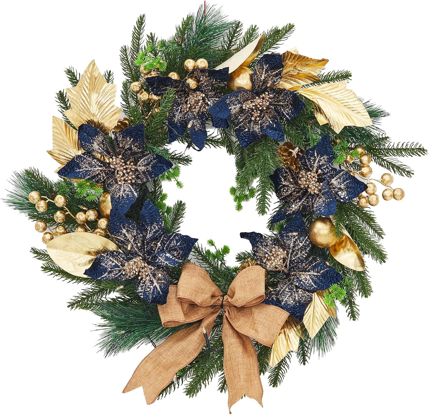 GAOMON 24 Inch Blue Bowknot PVC Christmas Wreath with Blue Floral Ornaments 20 LED Lights 8 Lighting Modes Waterproof Festive Wreath for Front Door Wall Holiday Xmas Decoration