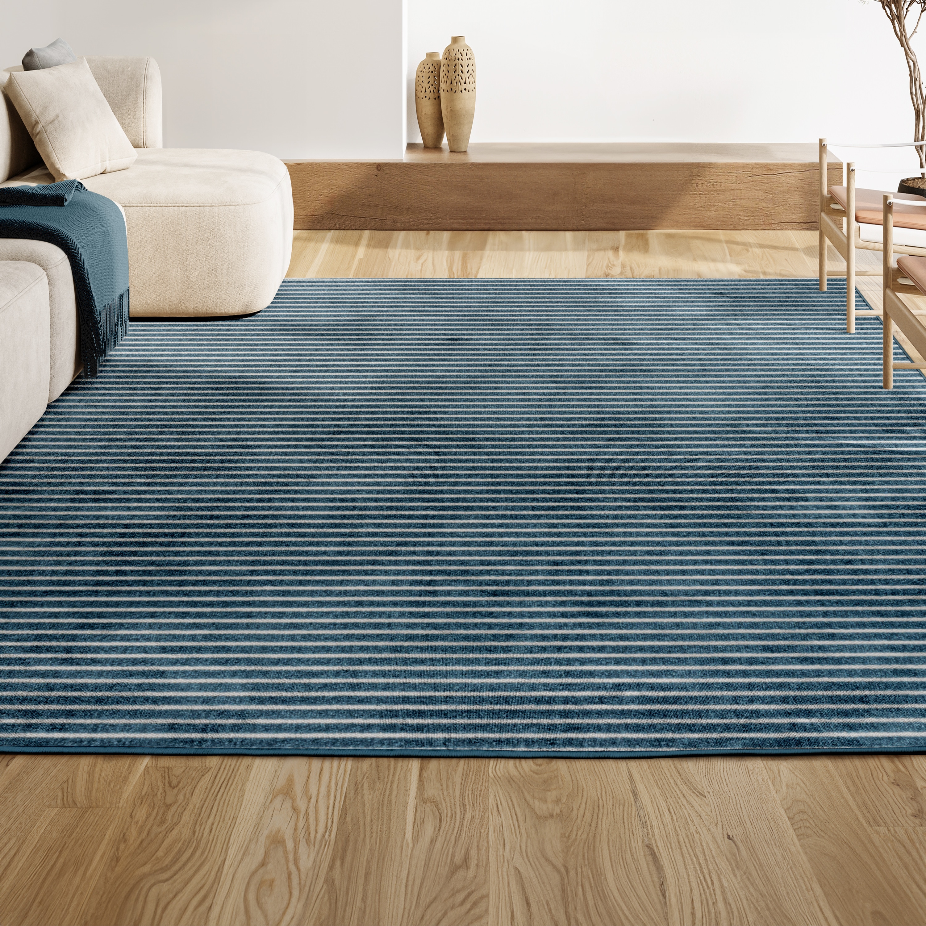 Ivory and Navy Striped Synthetic 4' x 6' Reversible Rug