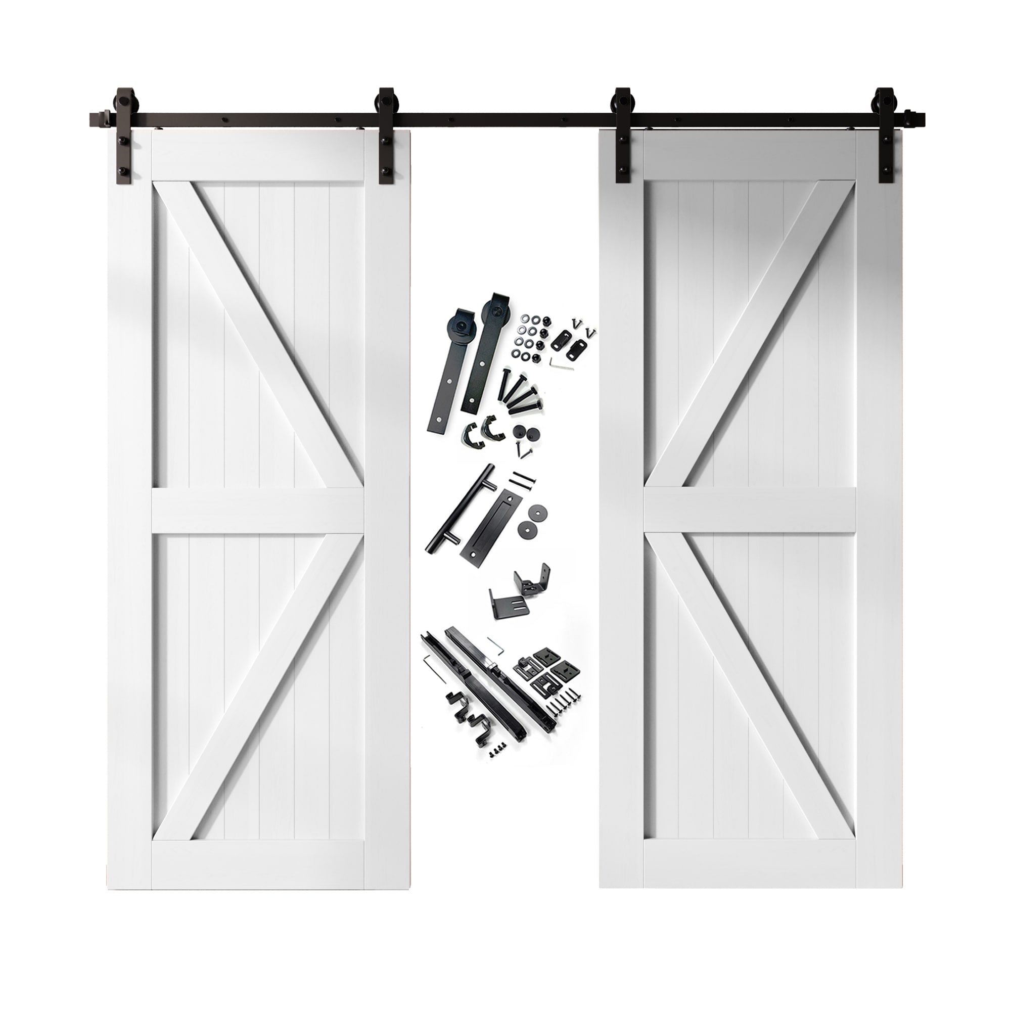 HOMACER YT2TGH132C-3284-K-WH 32-in x 84-in White Prefinished K-frame Pine Wood Solid core Double Barn Door (Hardware Included)