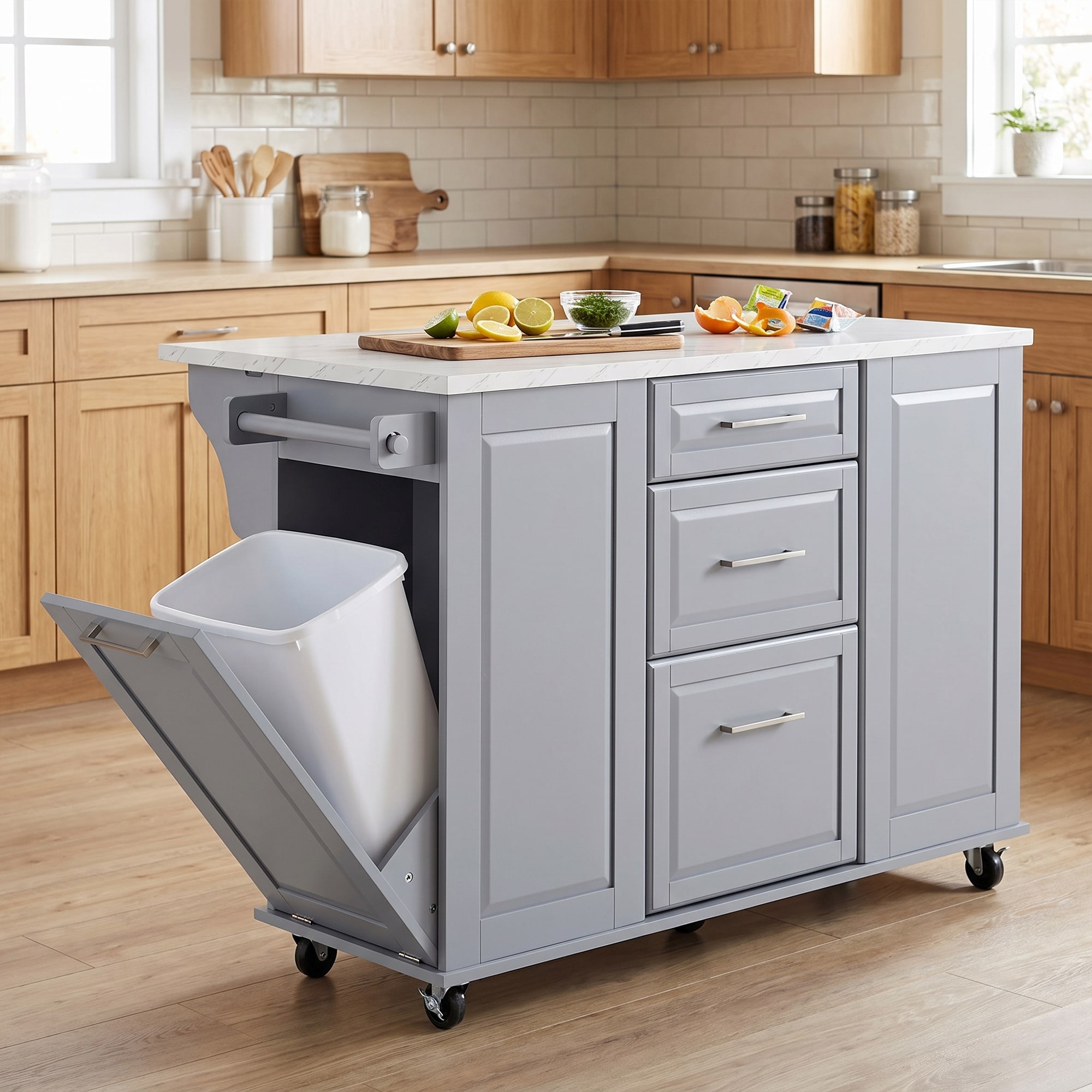 Homy Casa 50.7-in Rolling Kitchen Island with Drop Leaf Tilt-Out Trash Cabinet and Faux Marble Top
