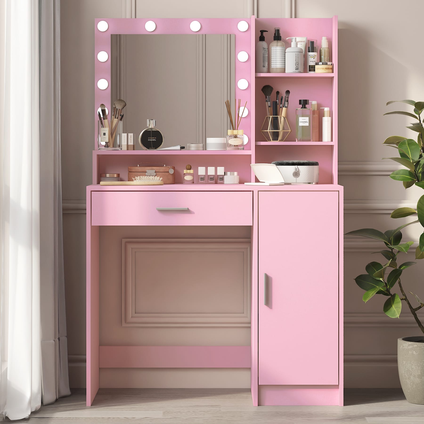 Huluwat Vanity Desk with Mirror and Light Large Drawer Three Level Storage Dresser 3 Lighting Modes Adjustable Brightness Bedroom Dressing Table Pink