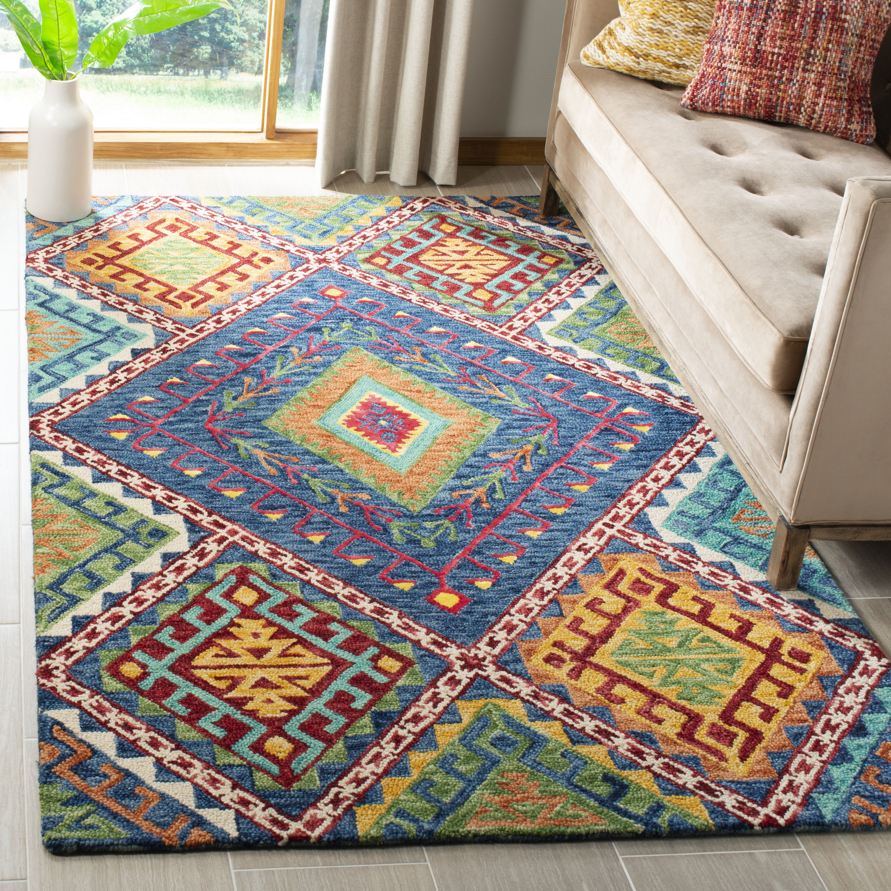 Handmade Blue Wool Geometric 3' x 5' Area Rug