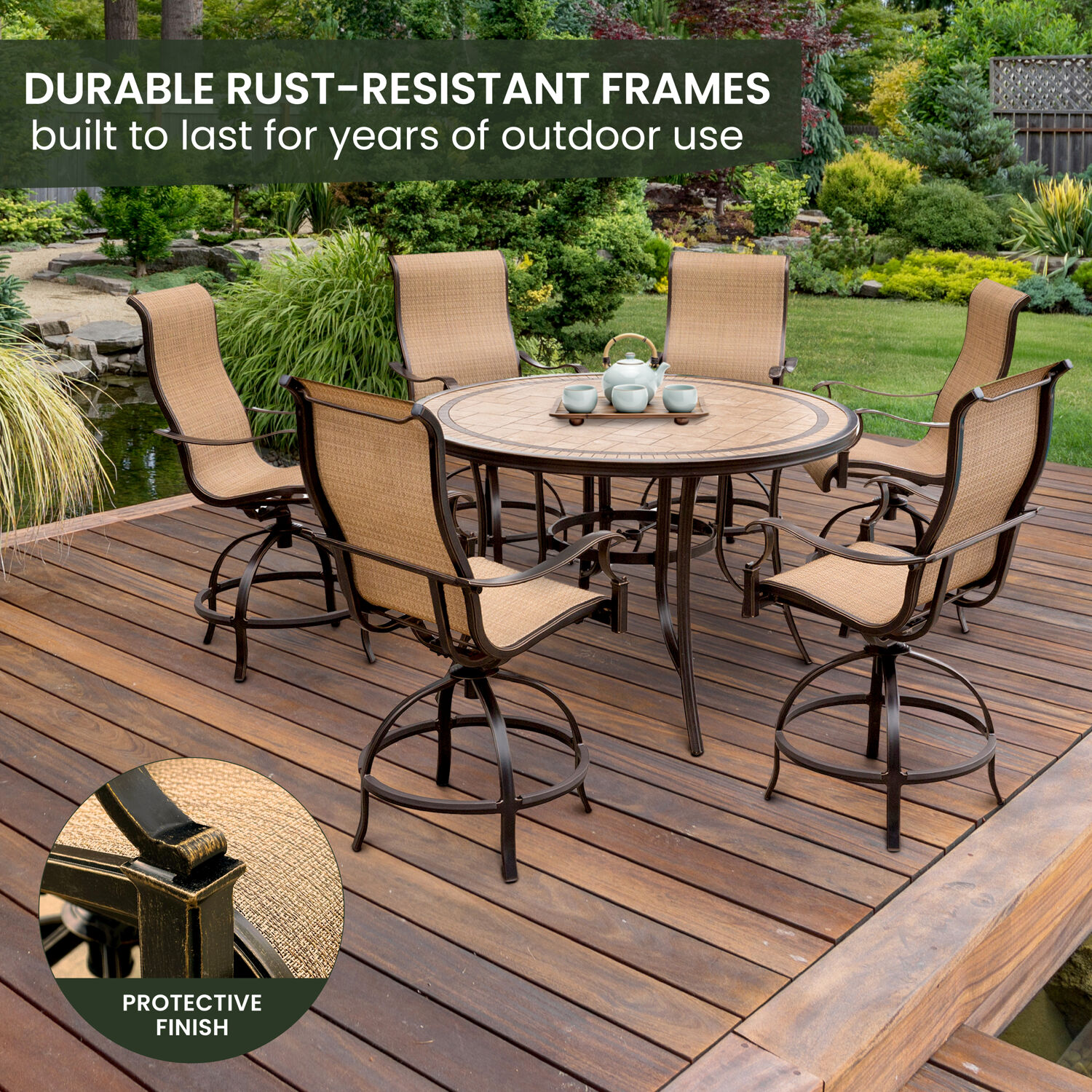 Monaco Tan and Bronze Aluminum 7-Piece High-Dining Set with Round Tile-Top Table