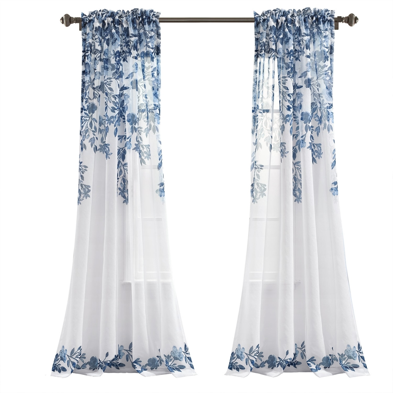 Extra Long White Sheer Polyester Floral Rod Pocket Drapes