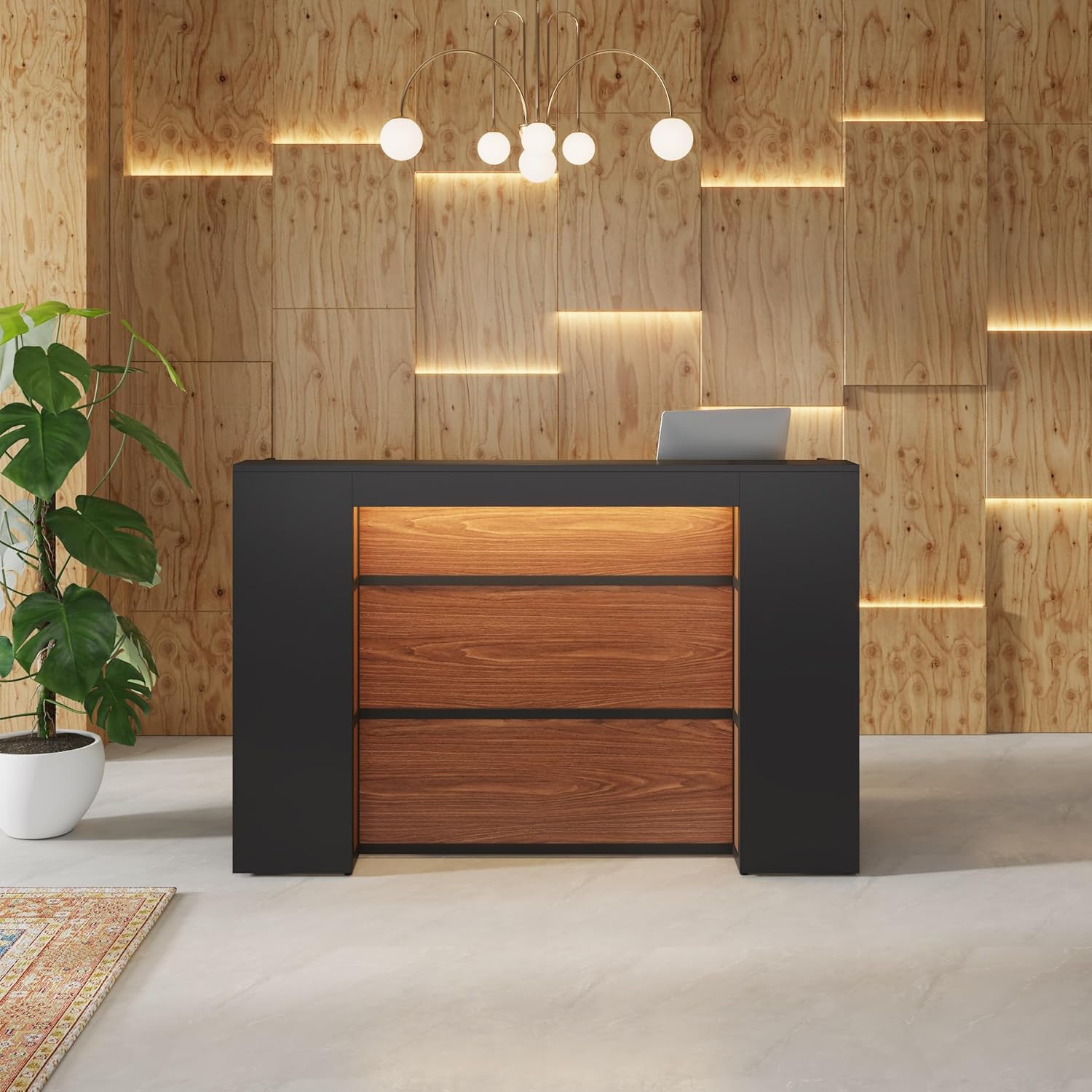 Tribesigns 63 inch W Black and Brown Modern Reception Desk with LED Light for Lobbies Salons Retail Home Offices Reception Room
