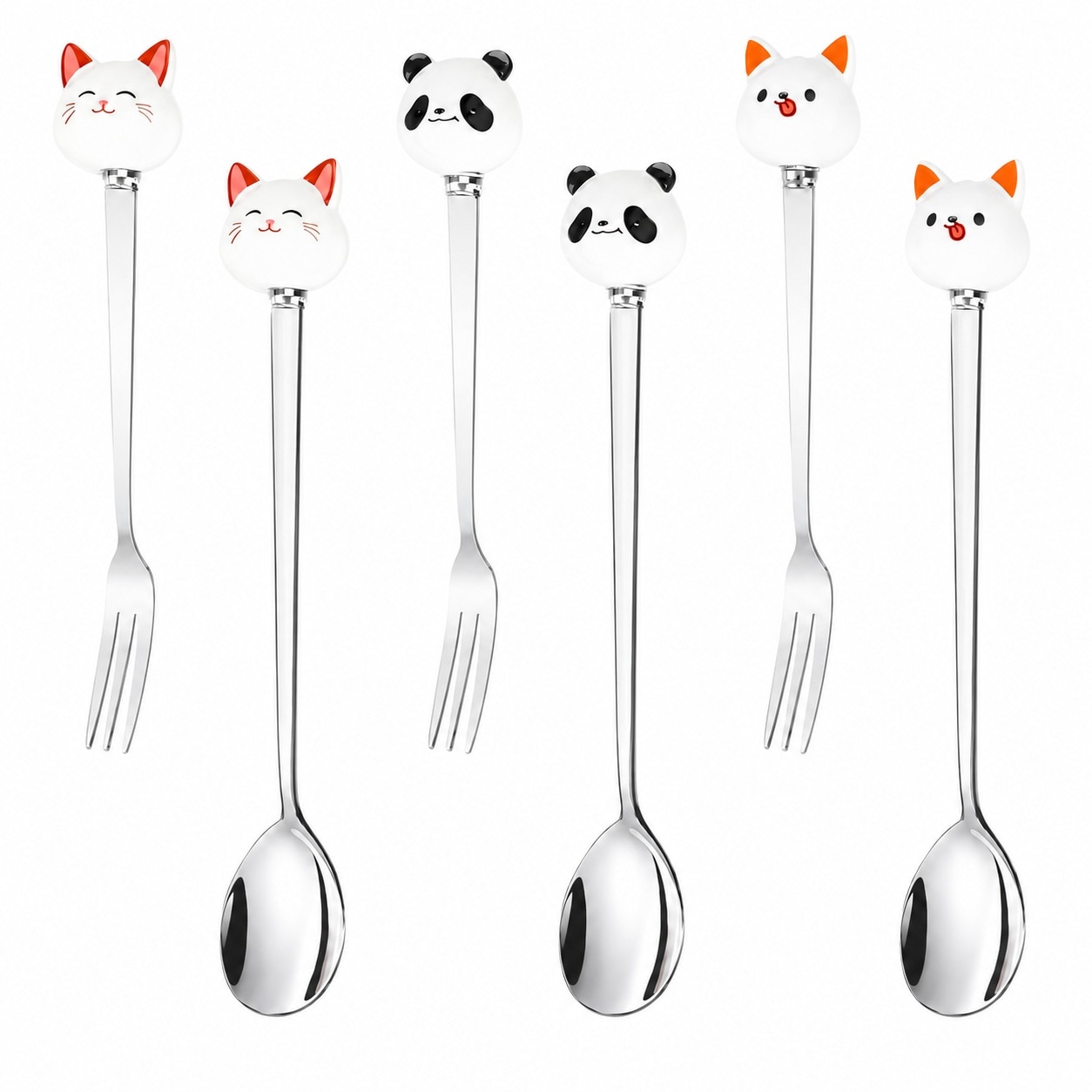 Aoibox  6 Piece Ceramic and 304 Stainless Steel Cat Spoon and Fork Set for Coffee Tea Dessert Ice Cream Fruit