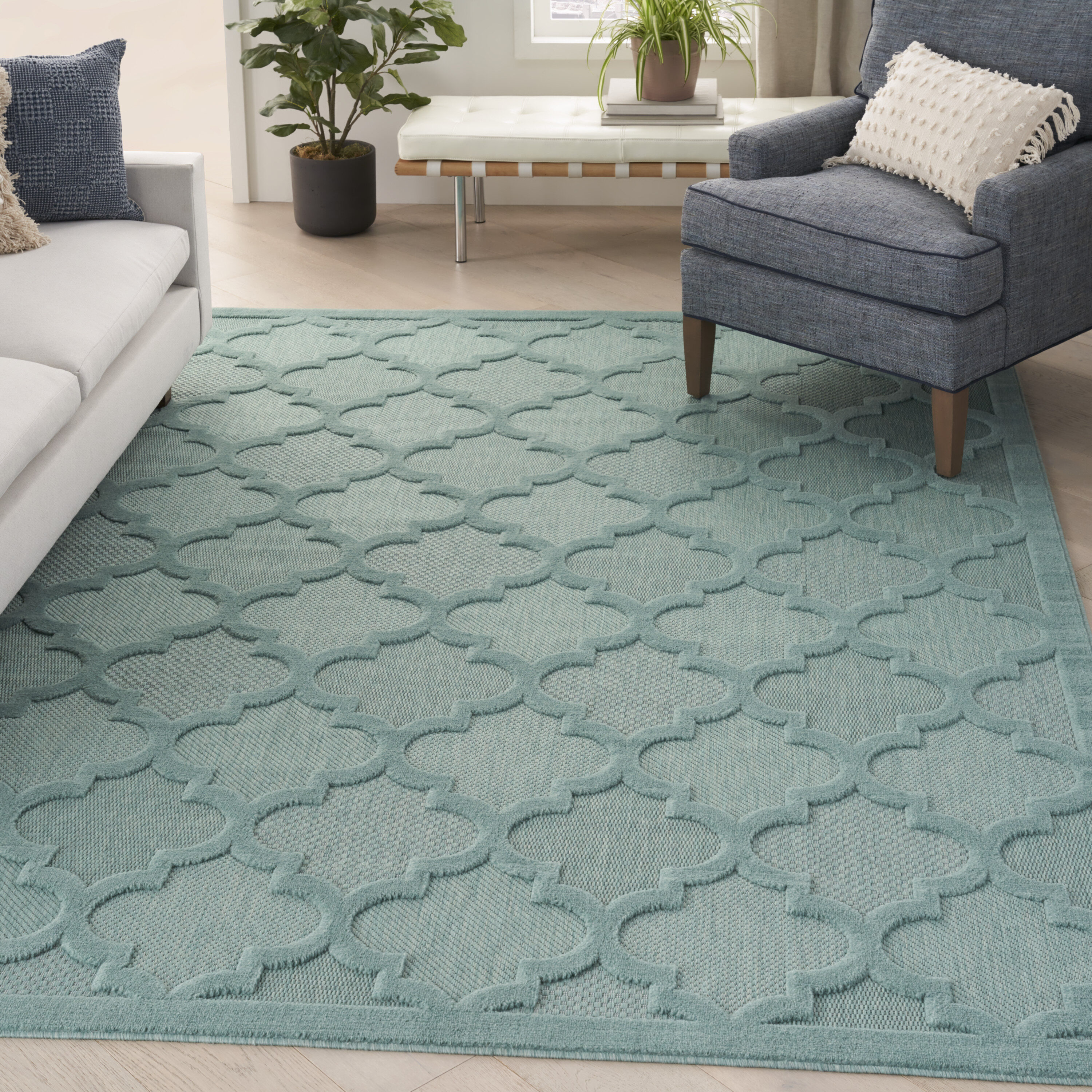 Nourison 099446042217 Easy Care 8 x 10 Aqua/Teal Indoor/Outdoor Trellis Moroccan Area Rug