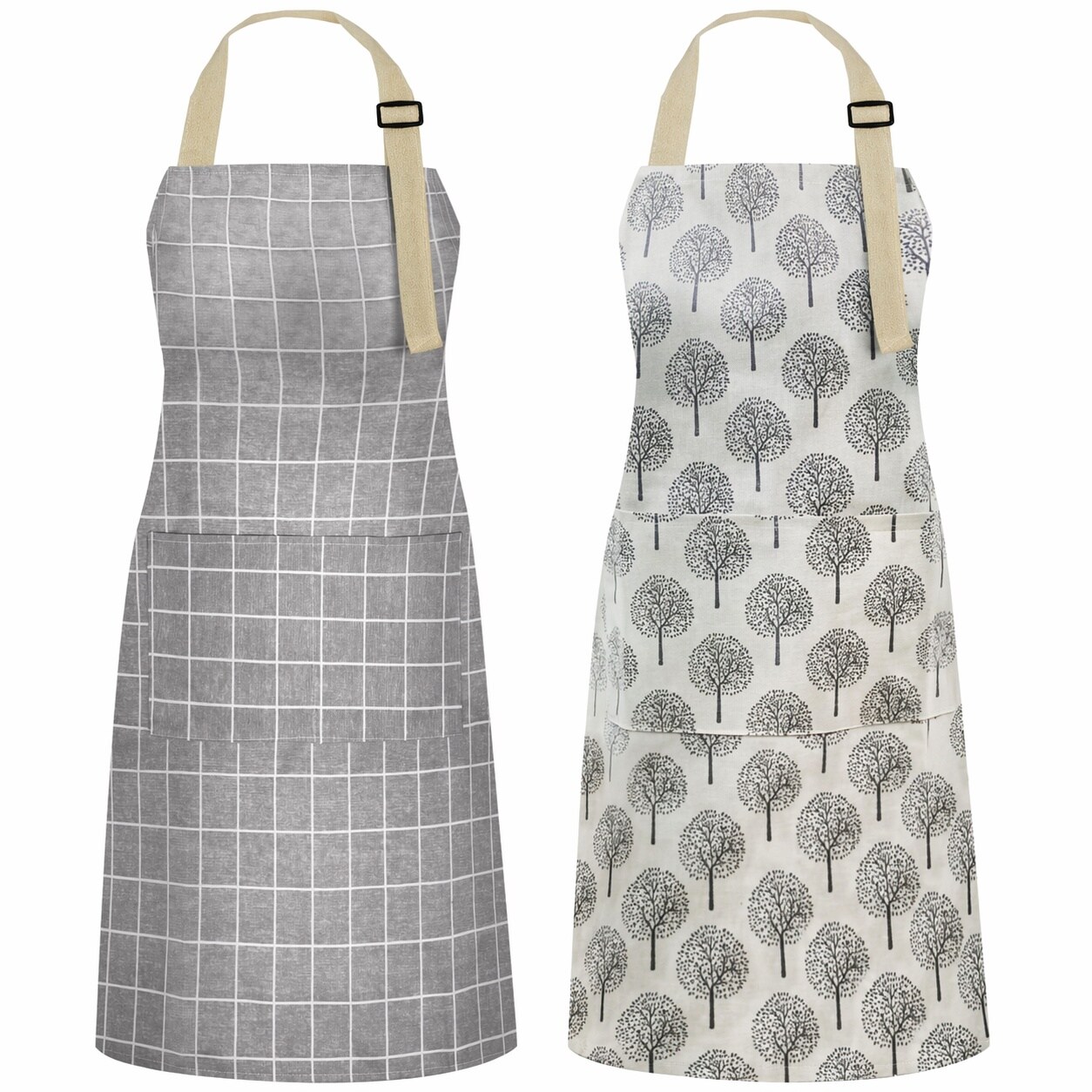 Aoibox  2 Pack Waterproof Cooking Aprons Adjustable Bib Soft Chef Apron with 2 Pockets for Men Women Gray Stripe or Gray