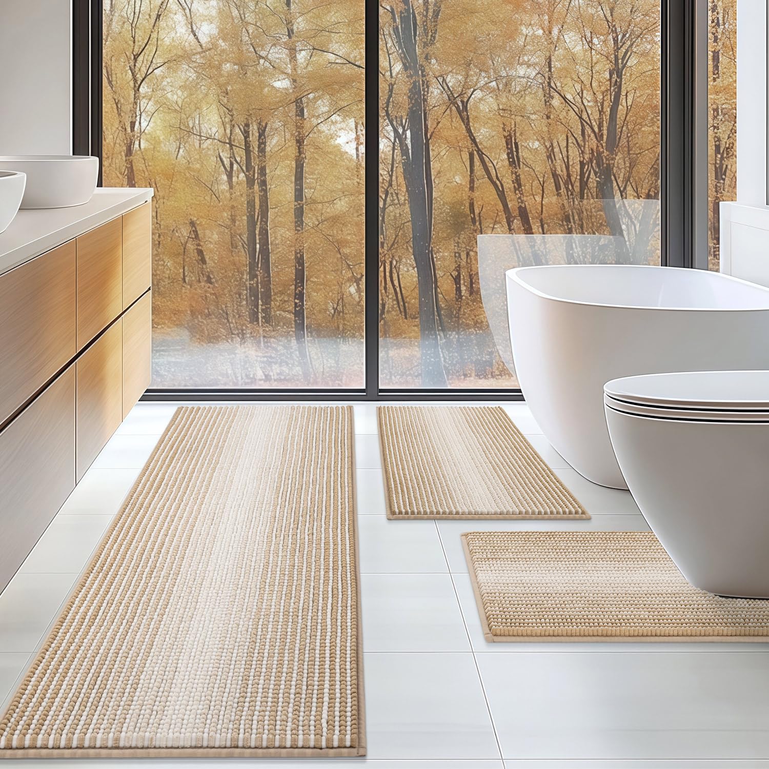 PUPWE 3 Piece Chenille Bathroom Rug Set Absorbent Non Slip Machine Washable
