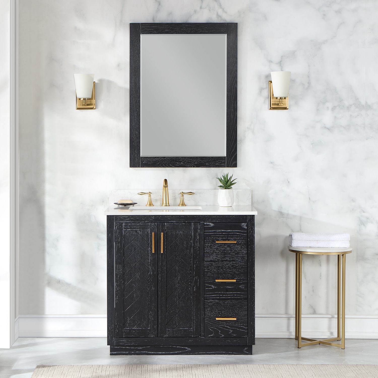 Altair 543036-BO-GW Gazsi 36-in Black Oak Undermount Single sink Bathroom Vanity with Grain White Engineered marble Top (Mirror Included)