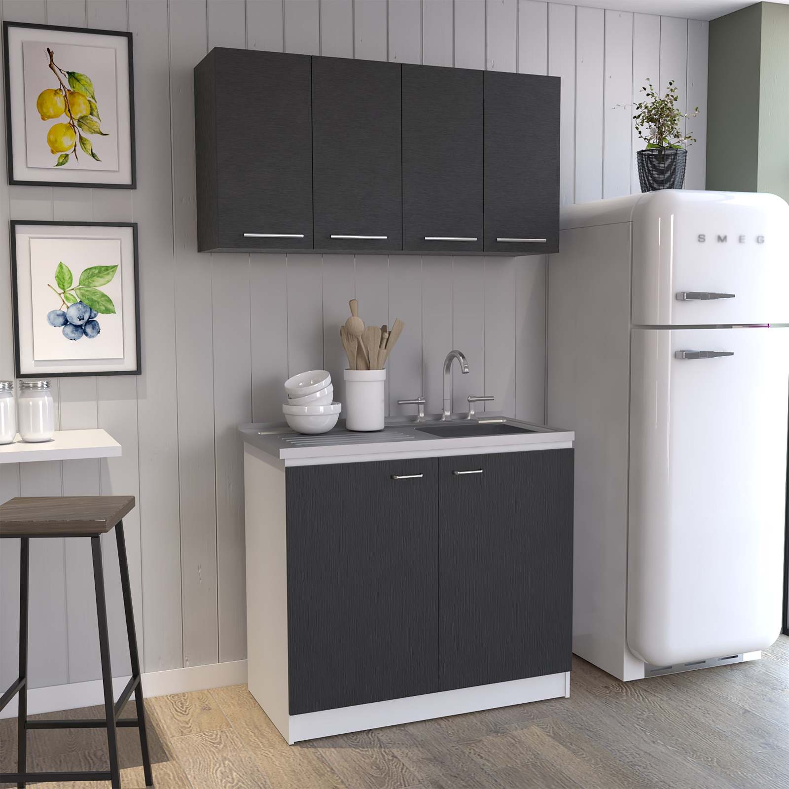 CHITA 2 Piece Set Modern Stainless Steel Utility Sink Cabinet with 2 Doors Integrated Sink for Kitchen Dining Room Pantry and Household Organization Wenge