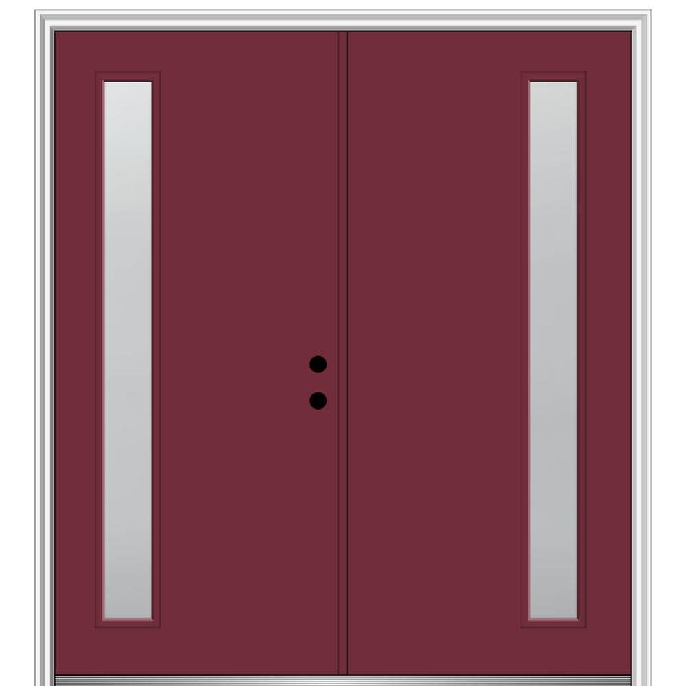 MMI DOOR ZZ350005L Spotlights 72-in x 80-in x 6-9/16-in Fiberglass Pulse lite Left-hand inswing Burgundy Painted Prehung Double Front Door with Brickmould Insulating core