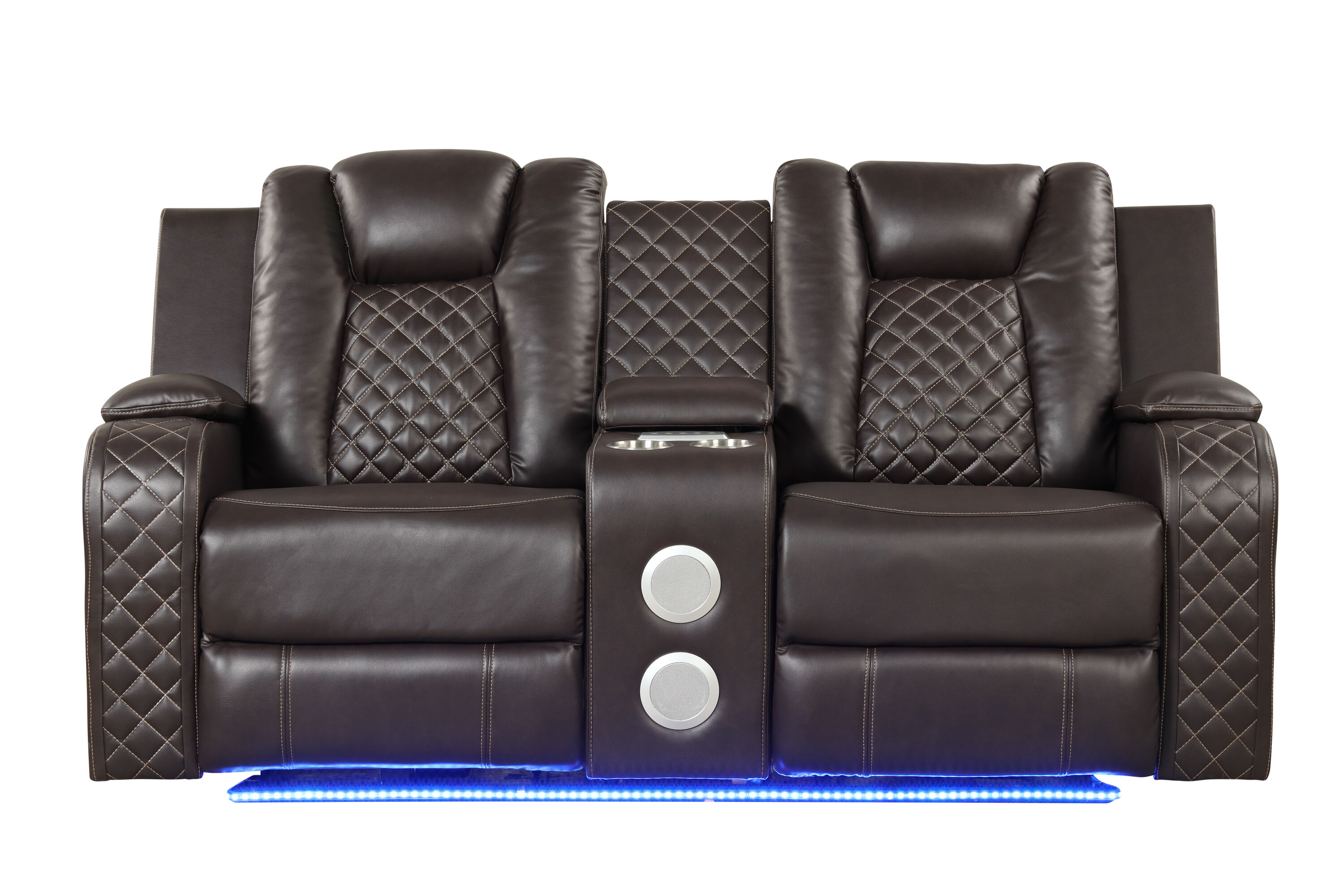 Brown Faux Leather Power Reclining Loveseat with LED Lights