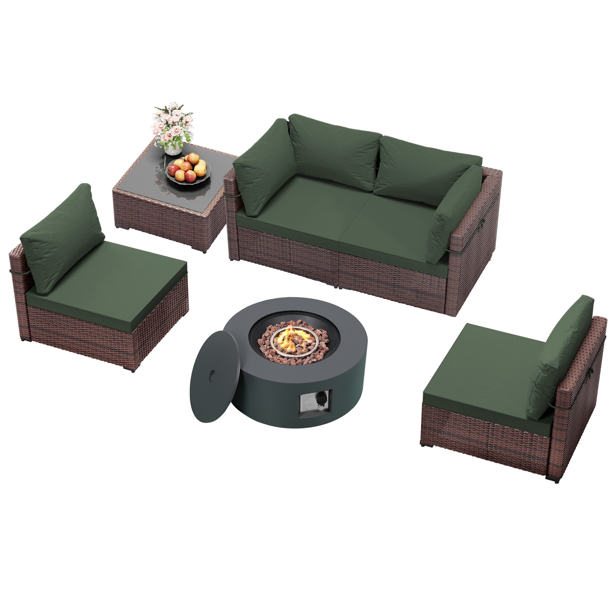 Patio Watcher LS-RT5-Y28TP-B4 Rattan Sofa Set 6 -Piece Rattan 4 Patio Sofa Conversation Set with Green Cushions