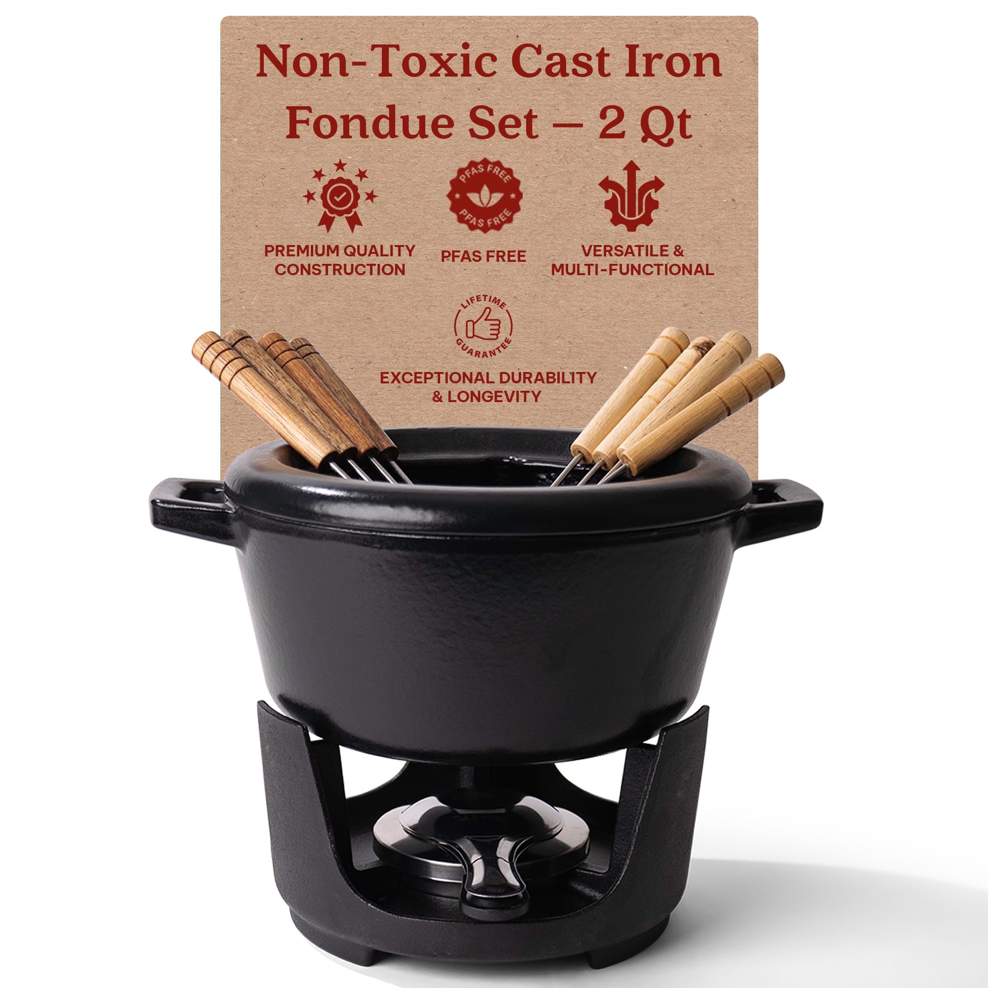 alva 100546 Nori 2-qt Enameled Cast Iron Fondue Set w/ 8 Wooden Forks Flame Control