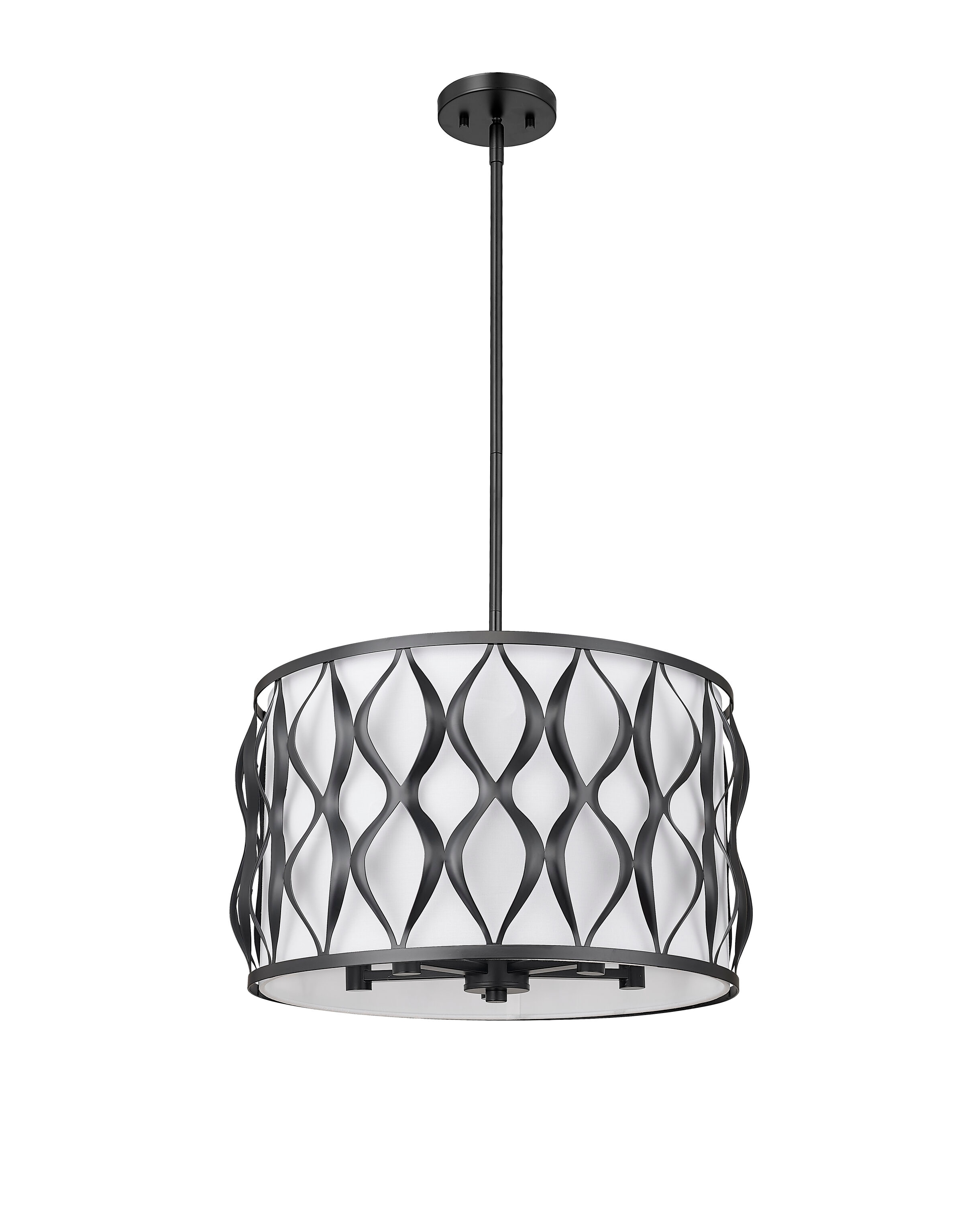 Harden Matte Black Steel Drum Pendant Light with White Fabric Shade