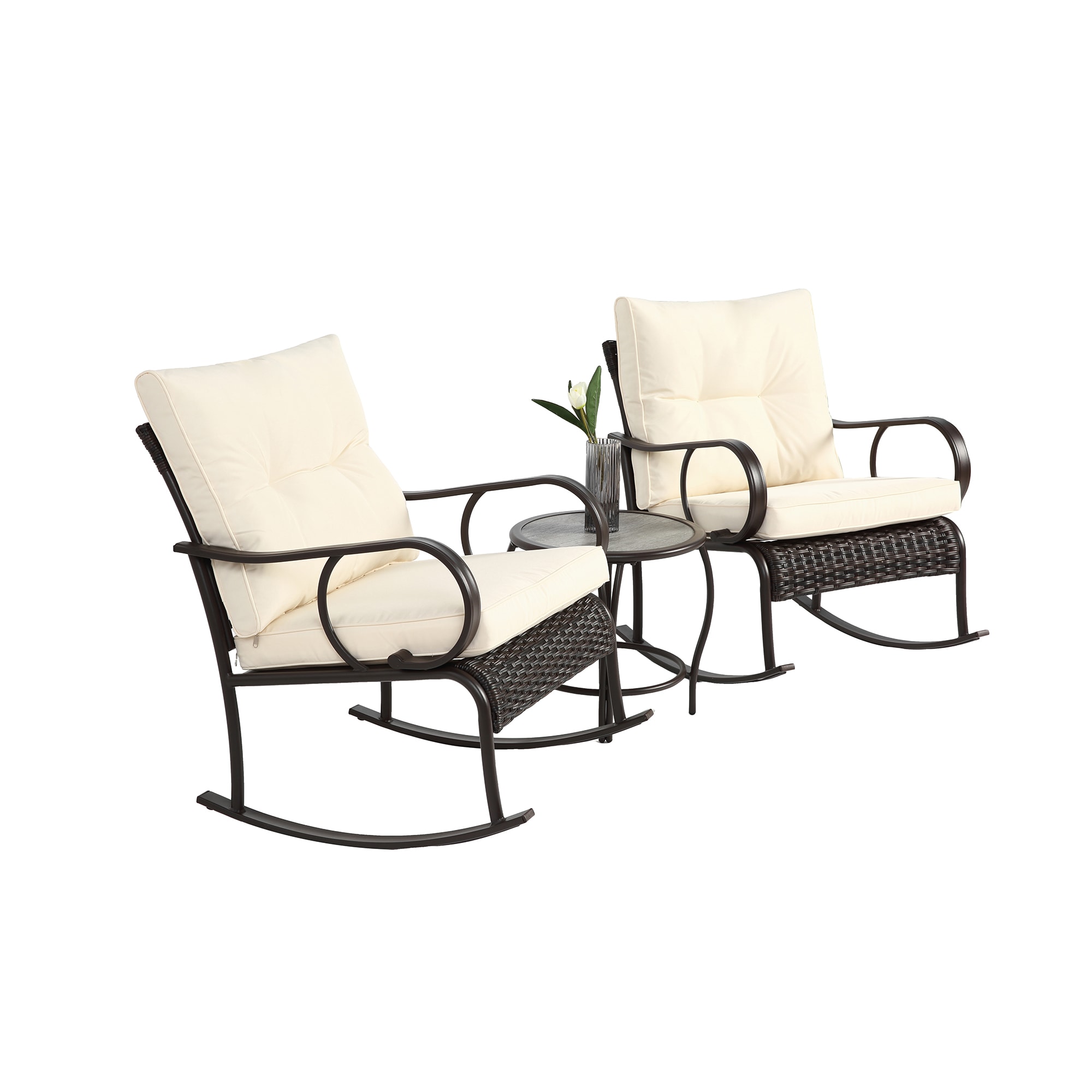 Bybafun YB0600060 3 -Piece Rattan Patio Conversation Set with Off-white Cushions
