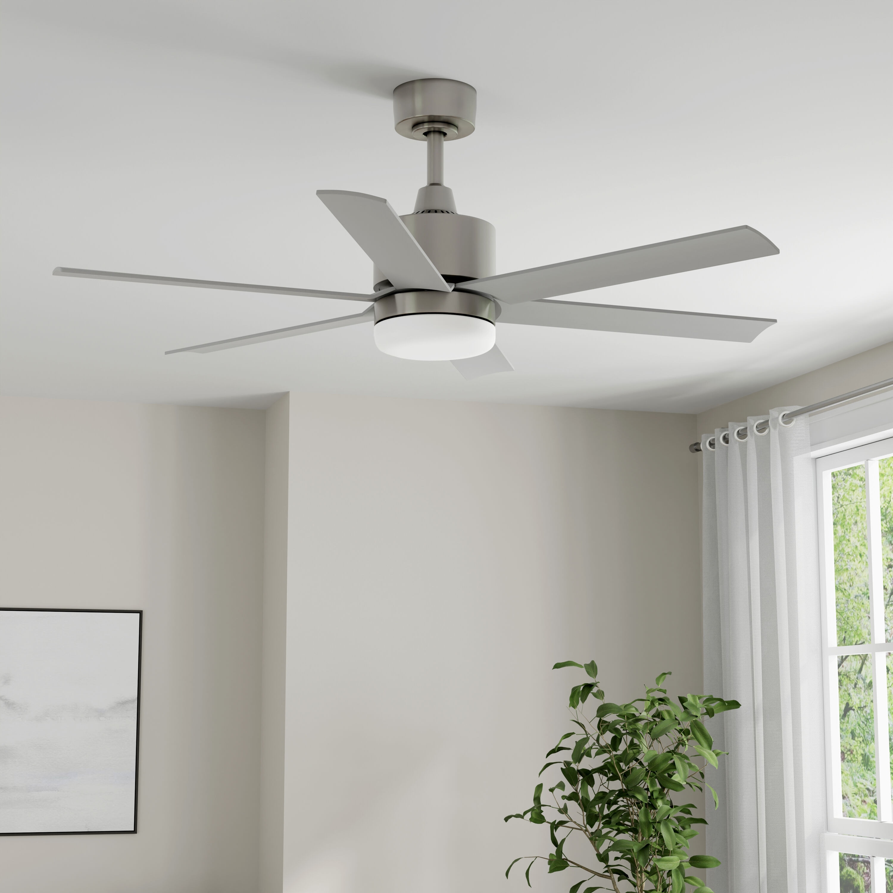 Harbor Breeze RDS52BNK6LR 52-in Color-Changing Outdoor Downrod or Flush Mount Brushed Nickel with Matte Blades Ceiling Fan With Light - Remote Included ( 6 -Blade )