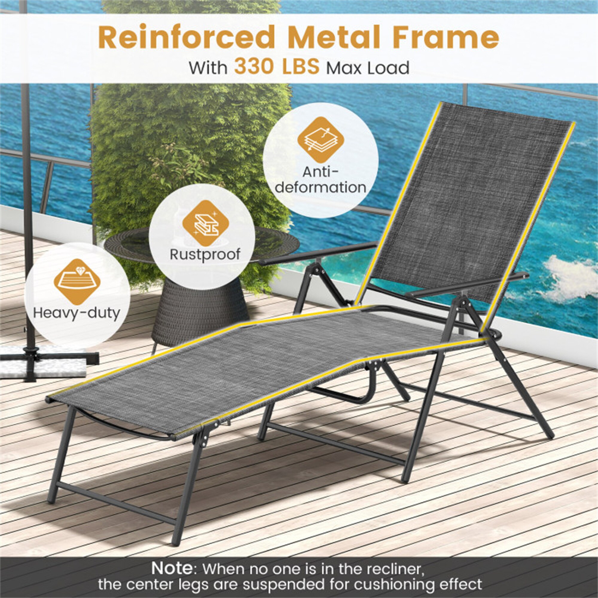 Gray Metal and Fabric Folding Outdoor Chaise Lounge Chairs with Adjustable Backrest