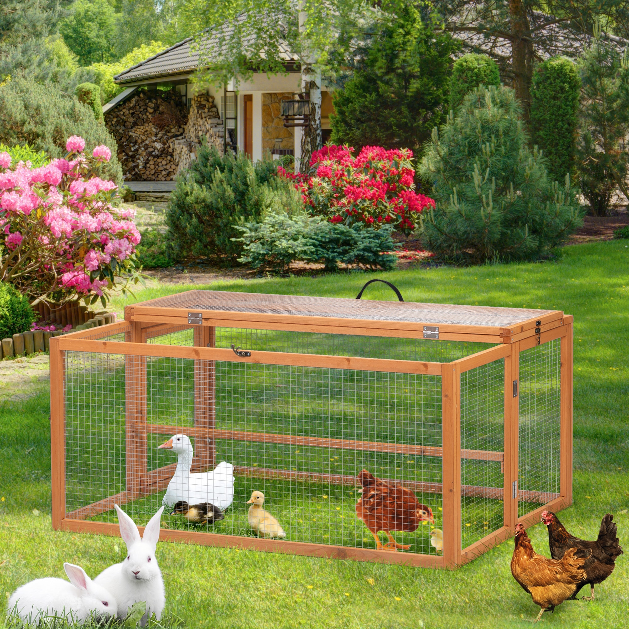 Orange Folding Fir Wood Chicken Coop with Roosting Bar