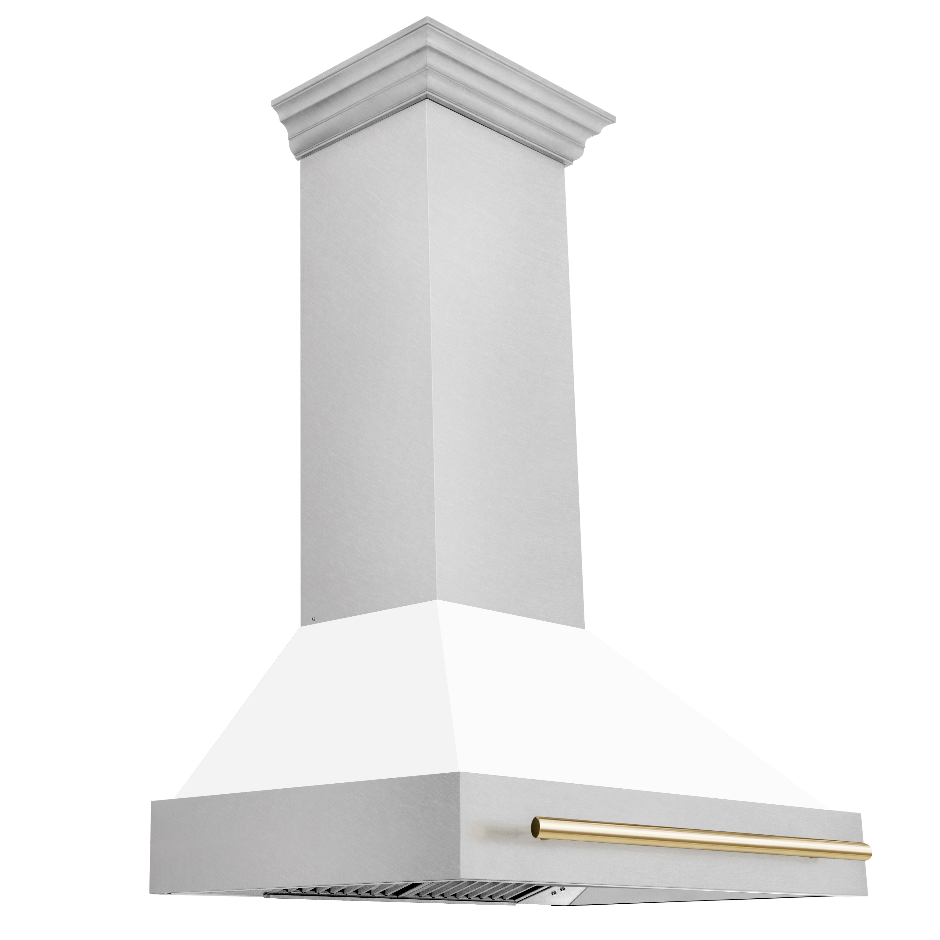 ZLINE KITCHEN & BATH 8654SNZ-WM36-G 36 inch Ducted 700-CFM Recirculating Satin Stainless Steel, White Shell, Polished Gold Handle Wall-Mounted Range Hood
