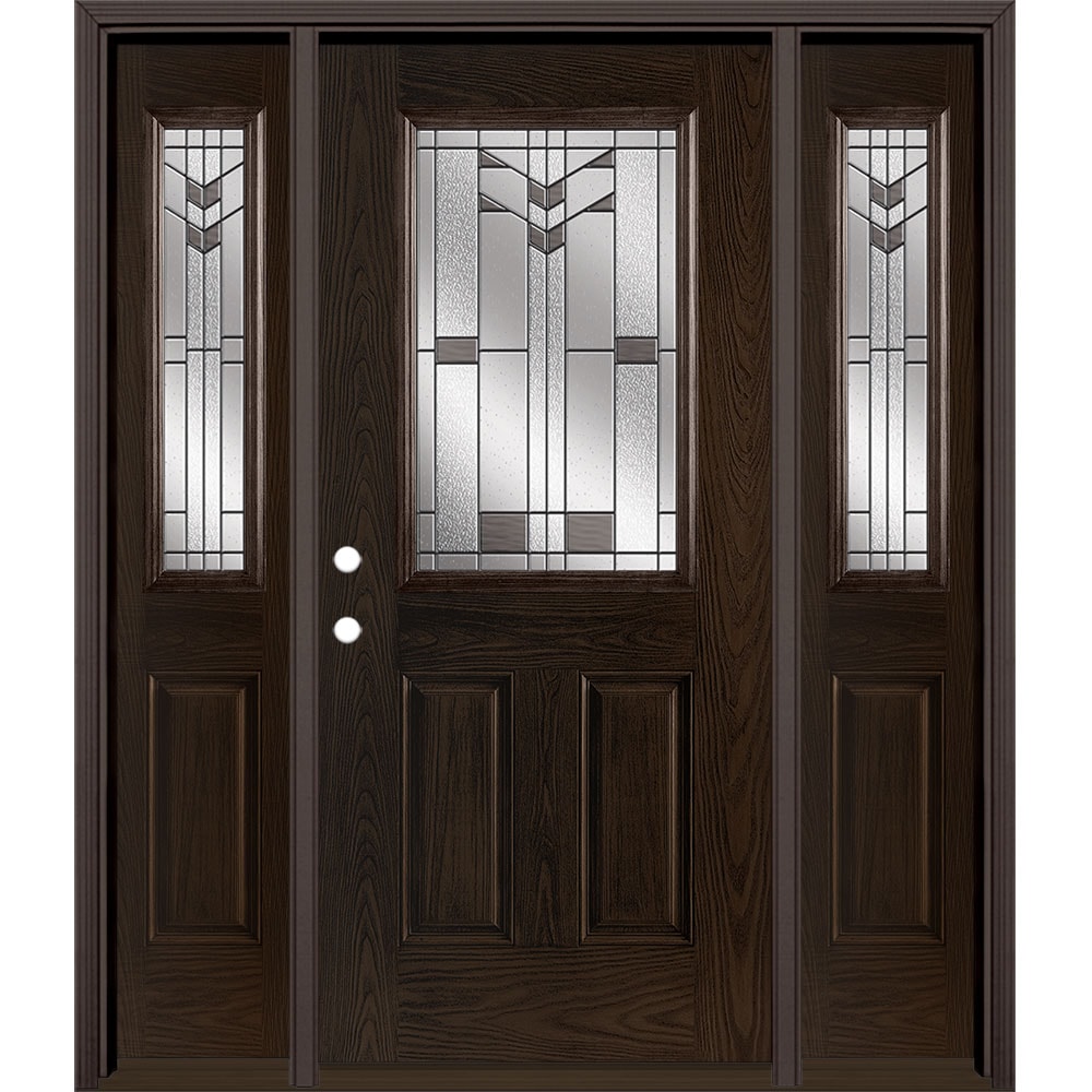 Masonite 3420270 Frontier 64-in x 80-in x 4-9/16-in Fiberglass Half lite Right-hand inswing Walnut Stained Prehung Front Door with Sidelights with Brickmould Insulating core