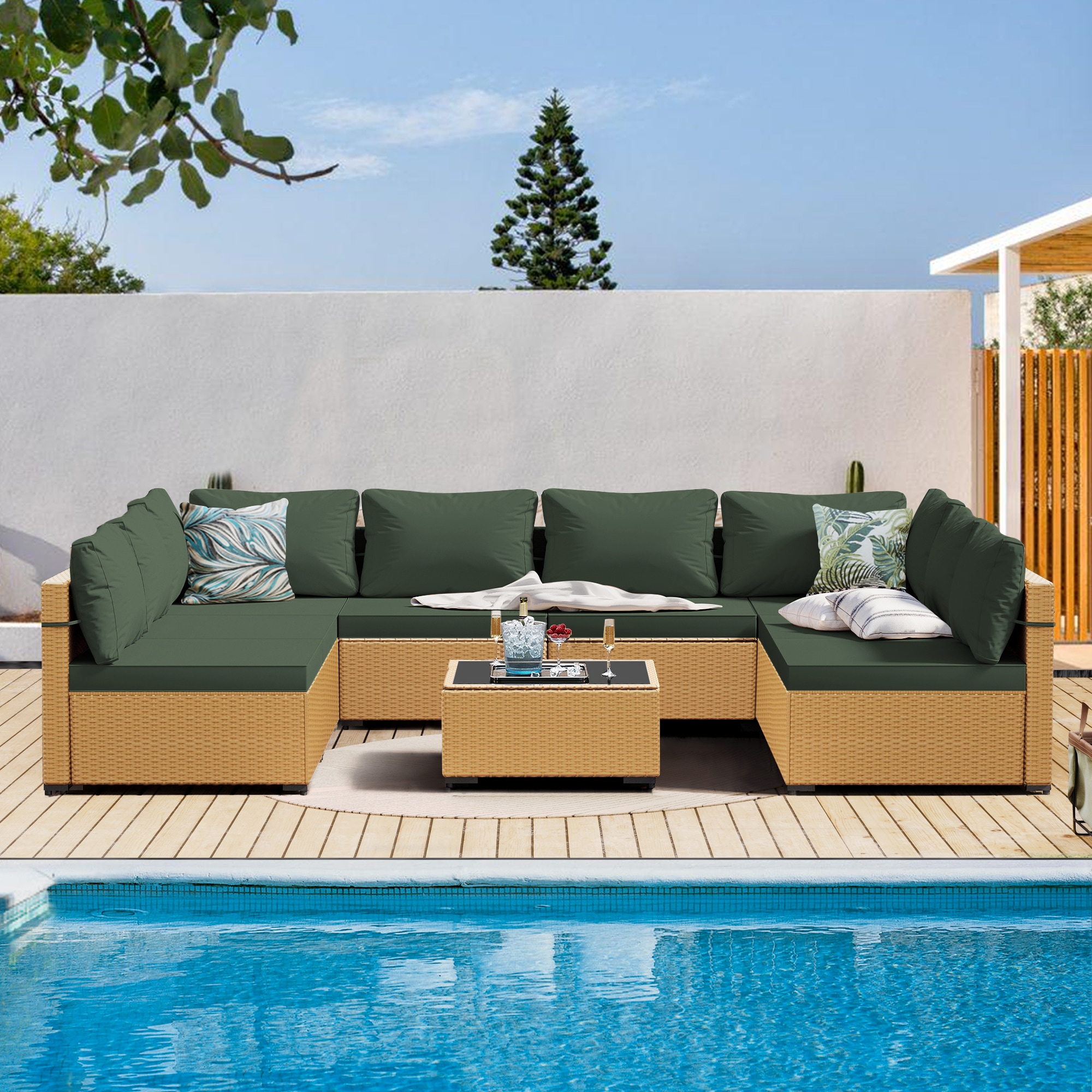 Patio Watcher RT-OD9-Y8-4 9 -Piece Wicker Patio Sofa Conversation Set with Green Cushions