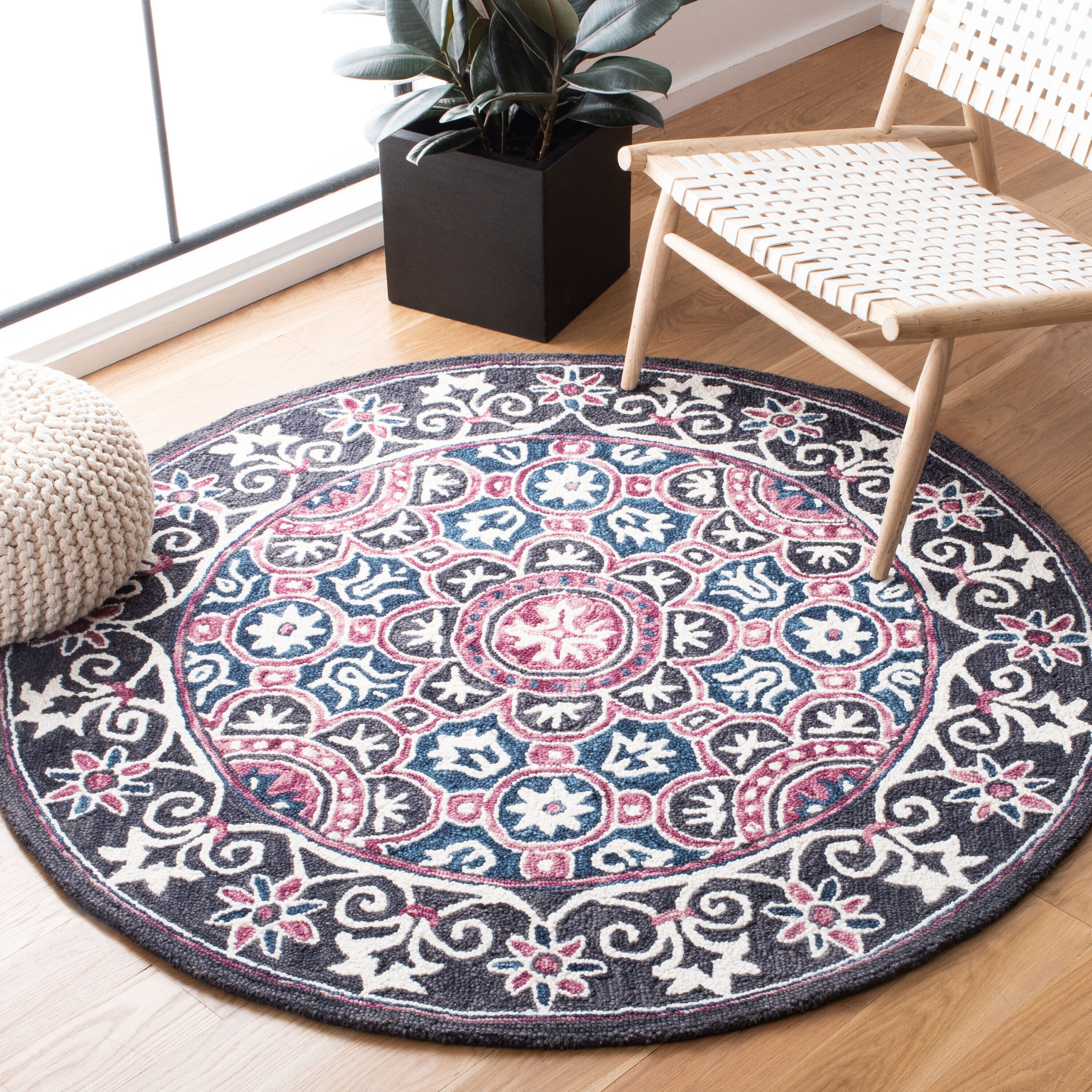  Micro-Loop 632 Ivory/Pink Bohemian 5ft x 5ft Round Rug