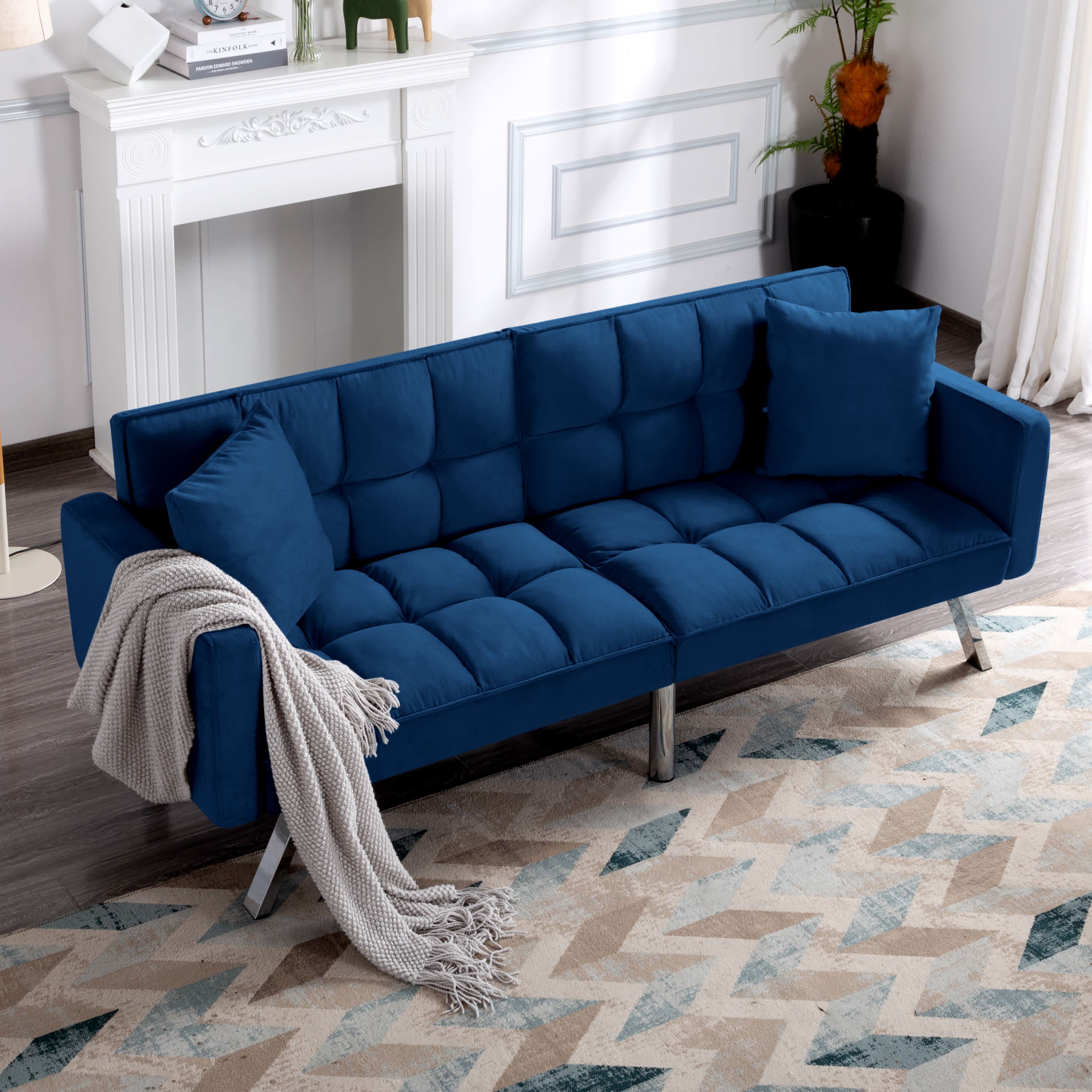 Vynxaria  65inch Futon Sleeper Sofa Bed Stylish Convertible couch for Home  Office  and Guest Room Blue